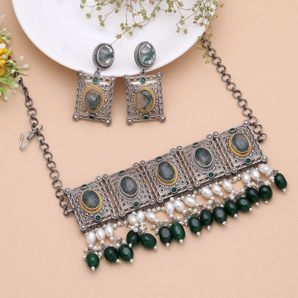 Green Color Dual Tone Oxidised Stone Necklace Set Handmade Appeal