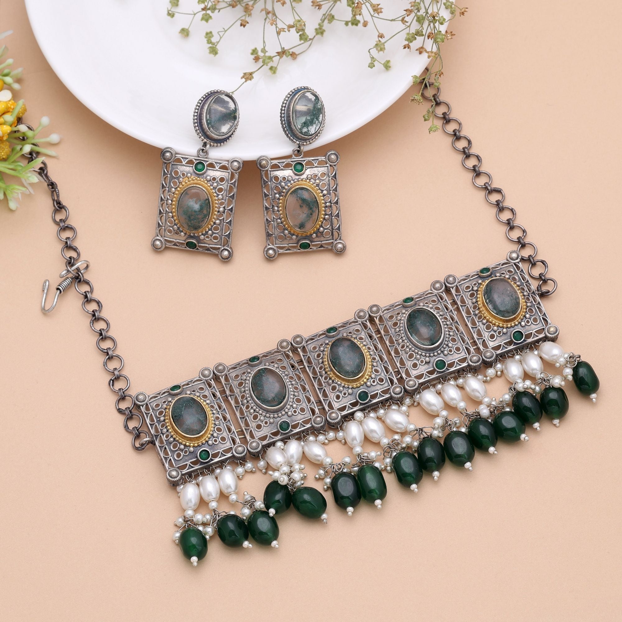 Green Color Dual Tone Oxidised Stone Necklace Set Handmade Appeal