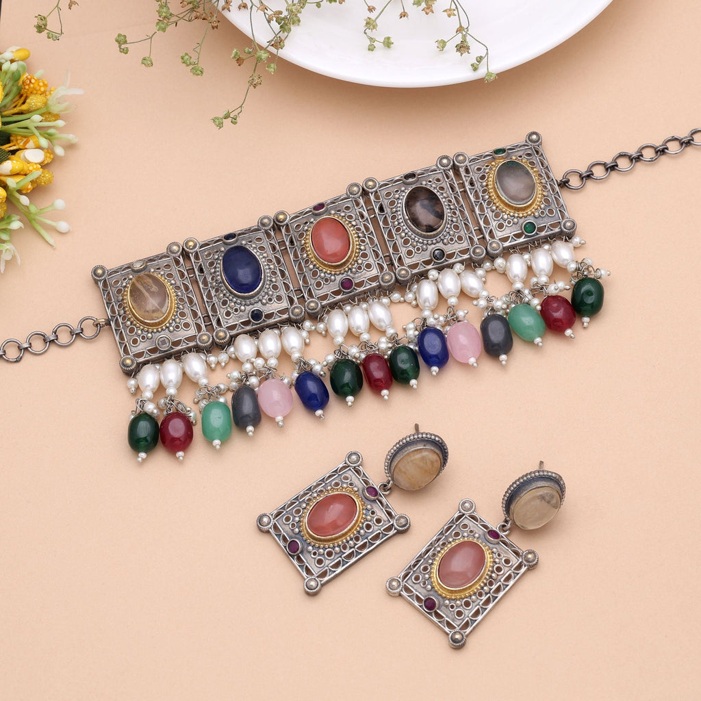 Multi Color Dual Tone Oxidised Stone Necklace Set Designer Style