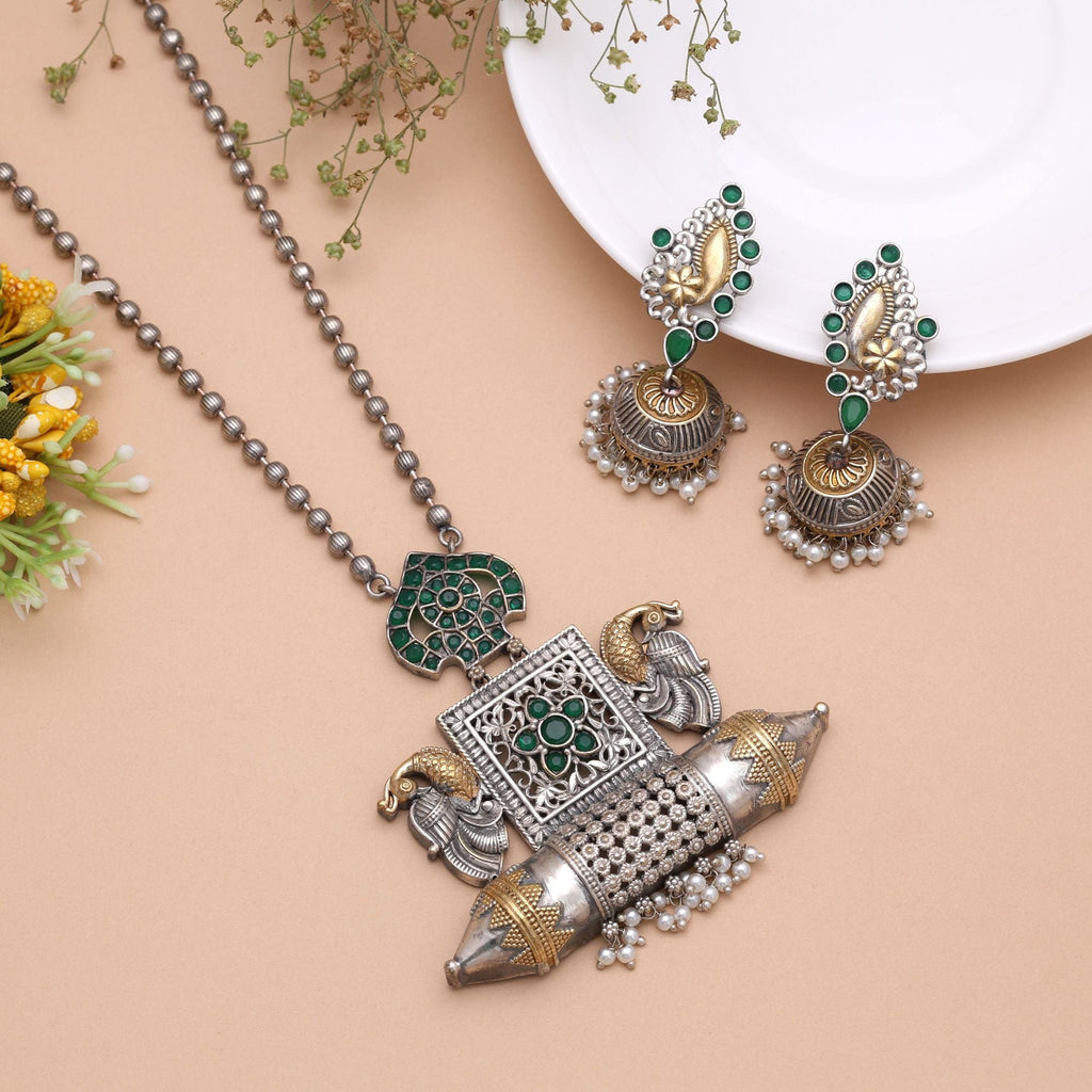 Green Color Dual Tone Oxidised Stone Necklace Set Traditional Style