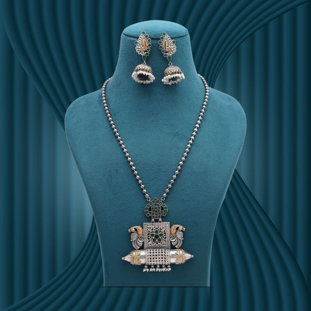 Green Color Dual Tone Oxidised Stone Necklace Set Traditional Style