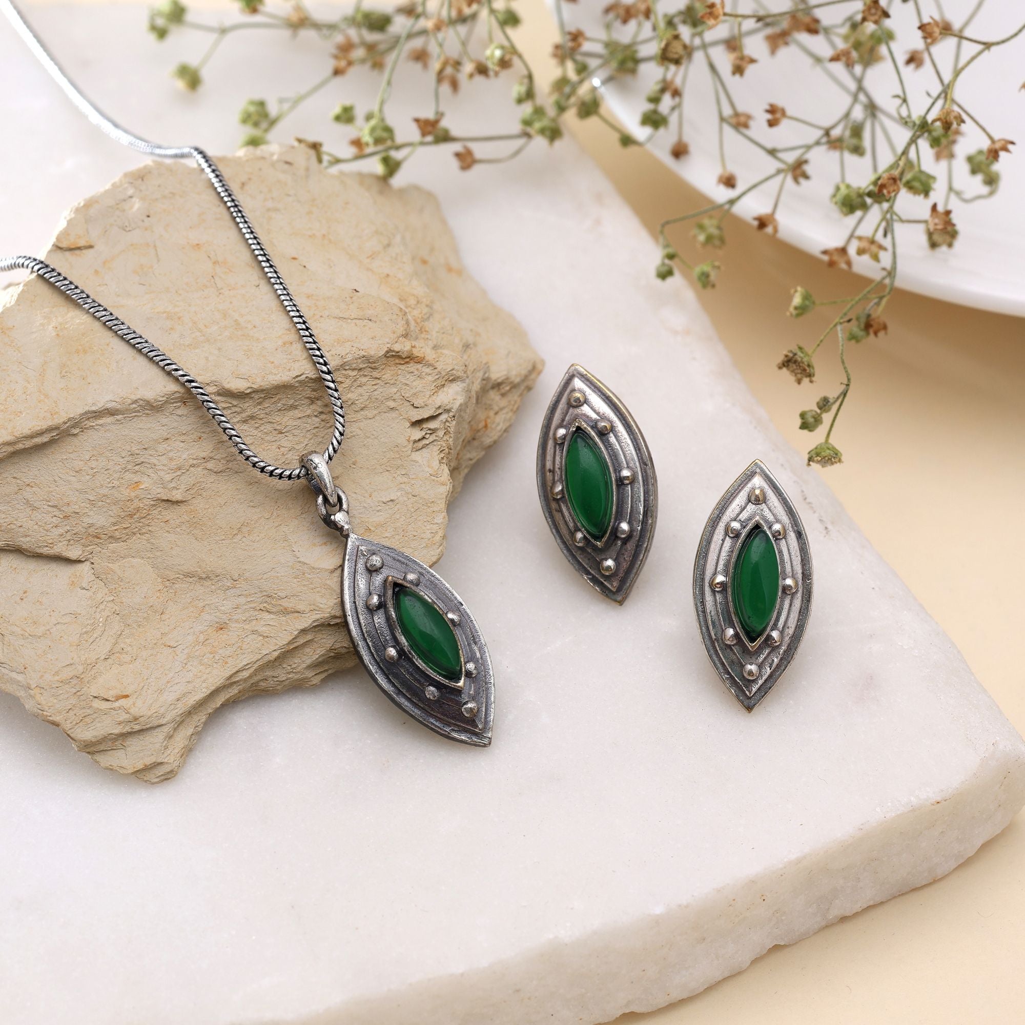 Green Color Oxidised Stone Necklace Set Ethnic Design