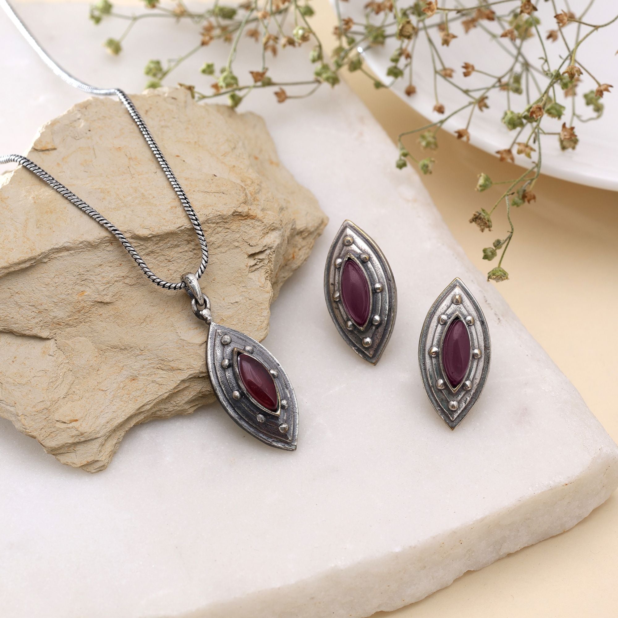 Red Color Oxidised Stone Necklace Set Traditional Fashion Style