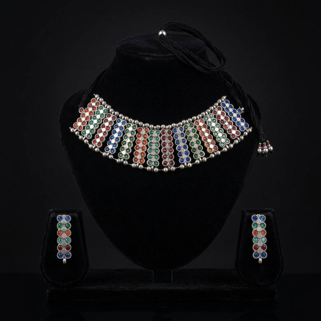 Multi Color Rainbow Oxidised Necklace Set Colorful Designer Style