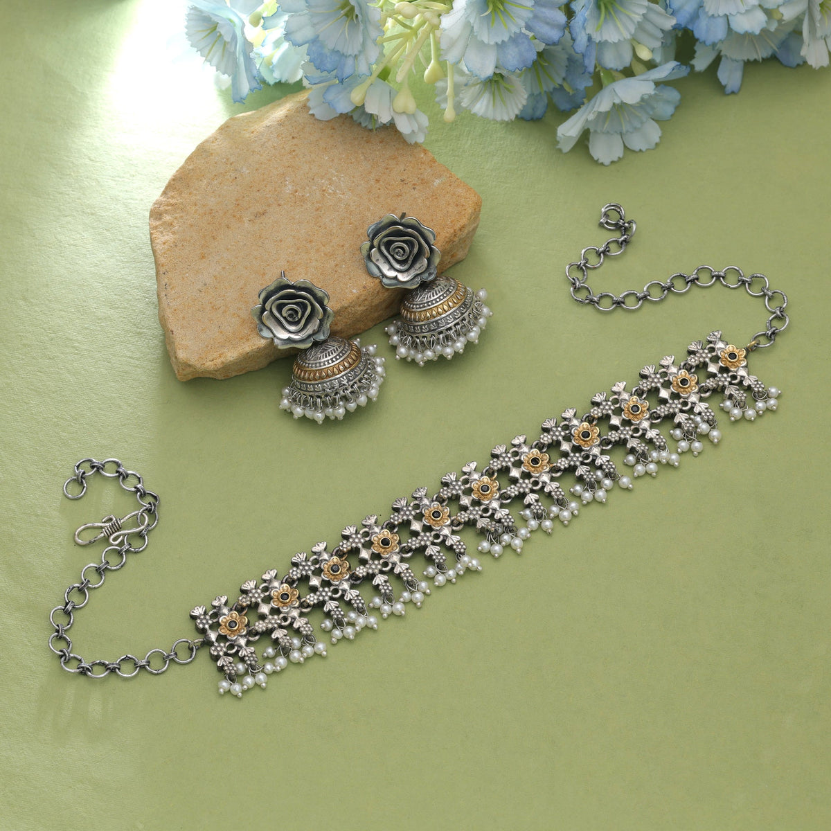 Black Color Dual Tone Oxidised Necklace Set With Stylish Ethnic Appeal