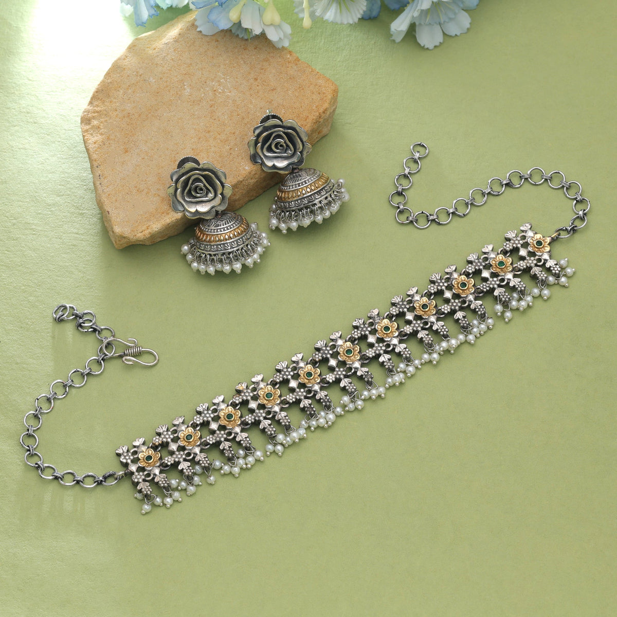 Green Color Dual Tone Oxidised Necklace Set With Elegant Ethnic Jewellery Appeal