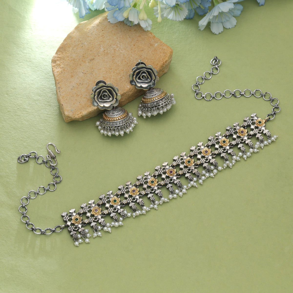 Pink & Green Color Dual Tone Oxidised Necklace Set With Stylish Design