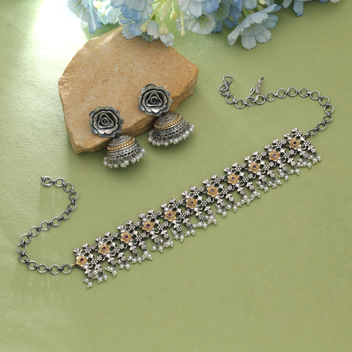 Pink Color Dual Tone Oxidised Necklace Set With Elegant Traditional Design