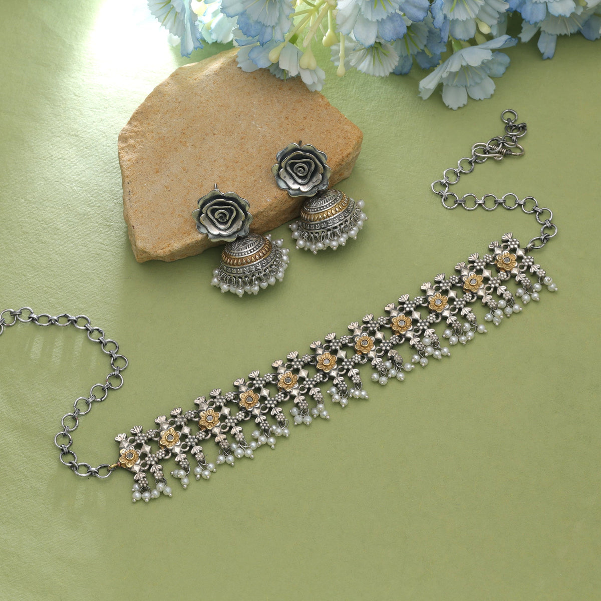 White Color Dual Tone Oxidised Necklace Set With Beautiful Traditional Appeal