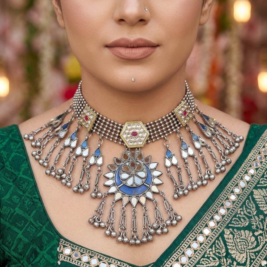 Striking Blue Color Dual Tone Mirror Work Oxidised Necklace Party Wear