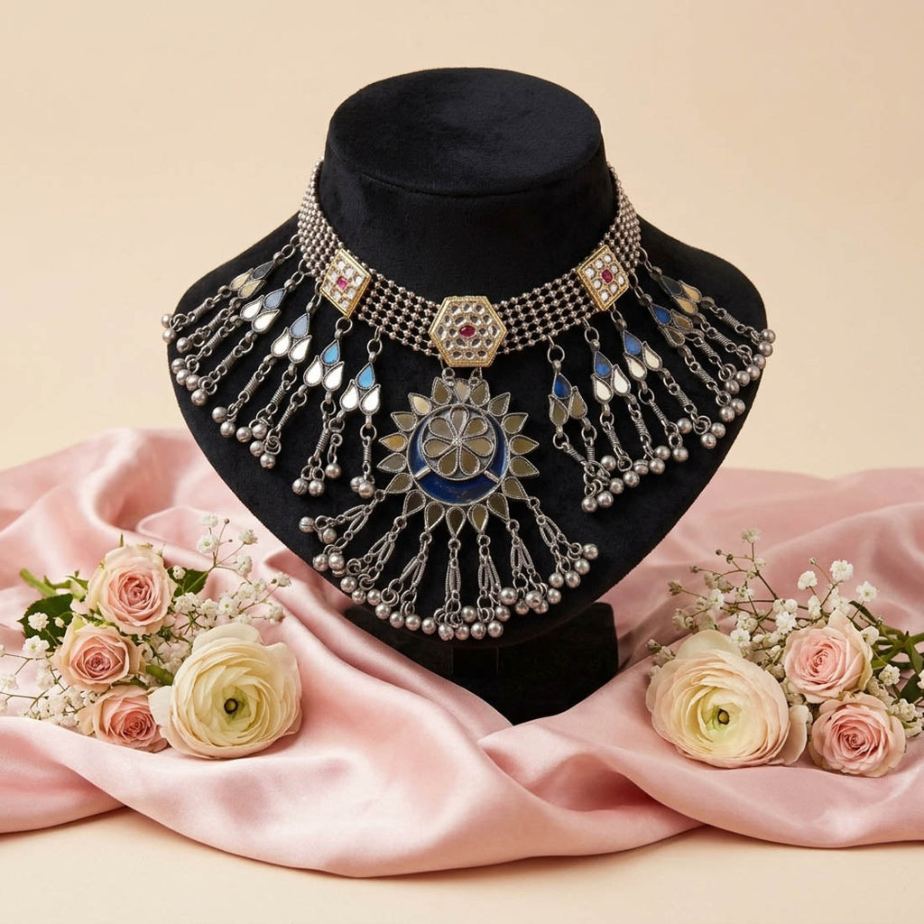 Striking Blue Color Dual Tone Mirror Work Oxidised Necklace Party Wear