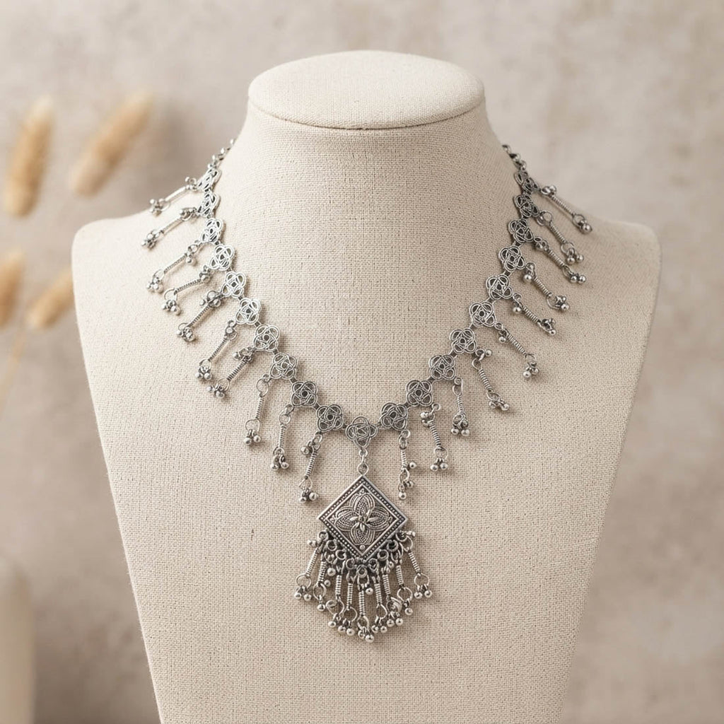 Chic Silver Color Oxidised Necklace Designed for Indo-Western Fusion Outfits