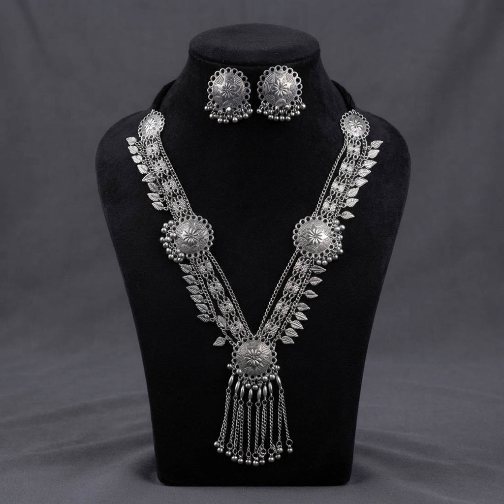 Premium Silver Color Oxidised Necklace Set Featuring Detailed Filigree Work