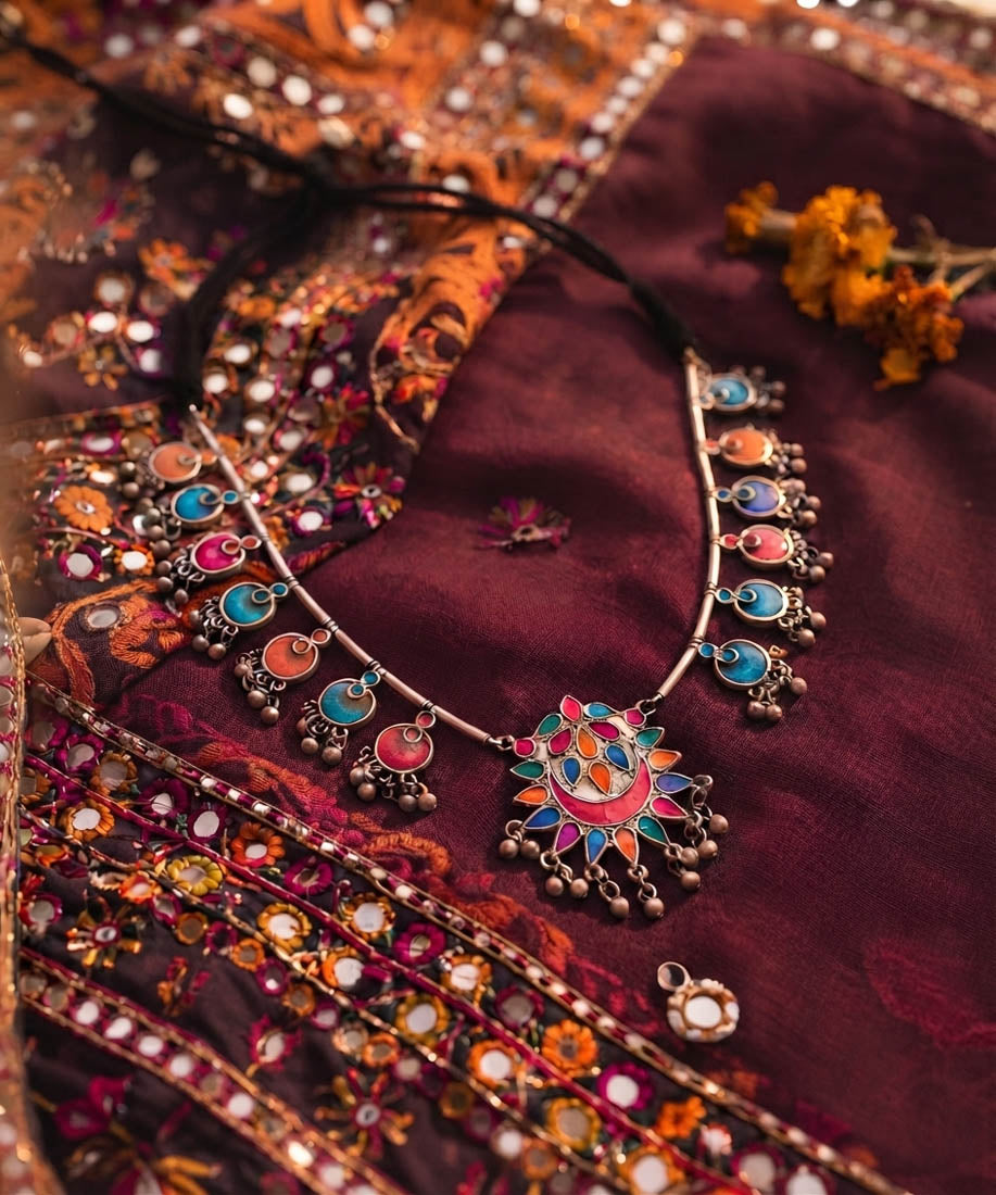 Celestial Multi Color Moon Design Oxidised Necklace Statement Fashion Piece