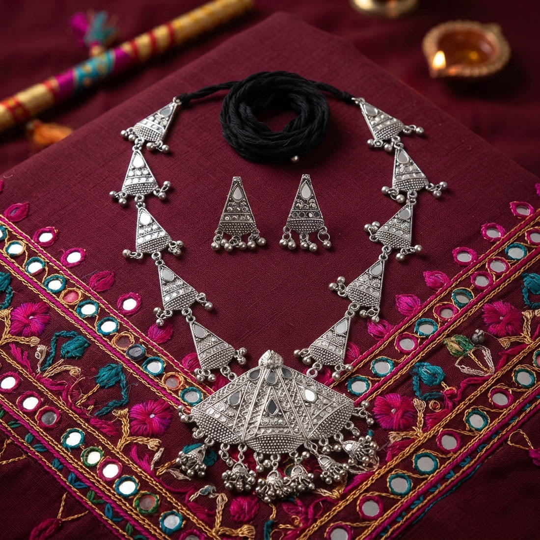 Sparkling Silver Color Mirror Work Oxidised Necklace Set with Earrings