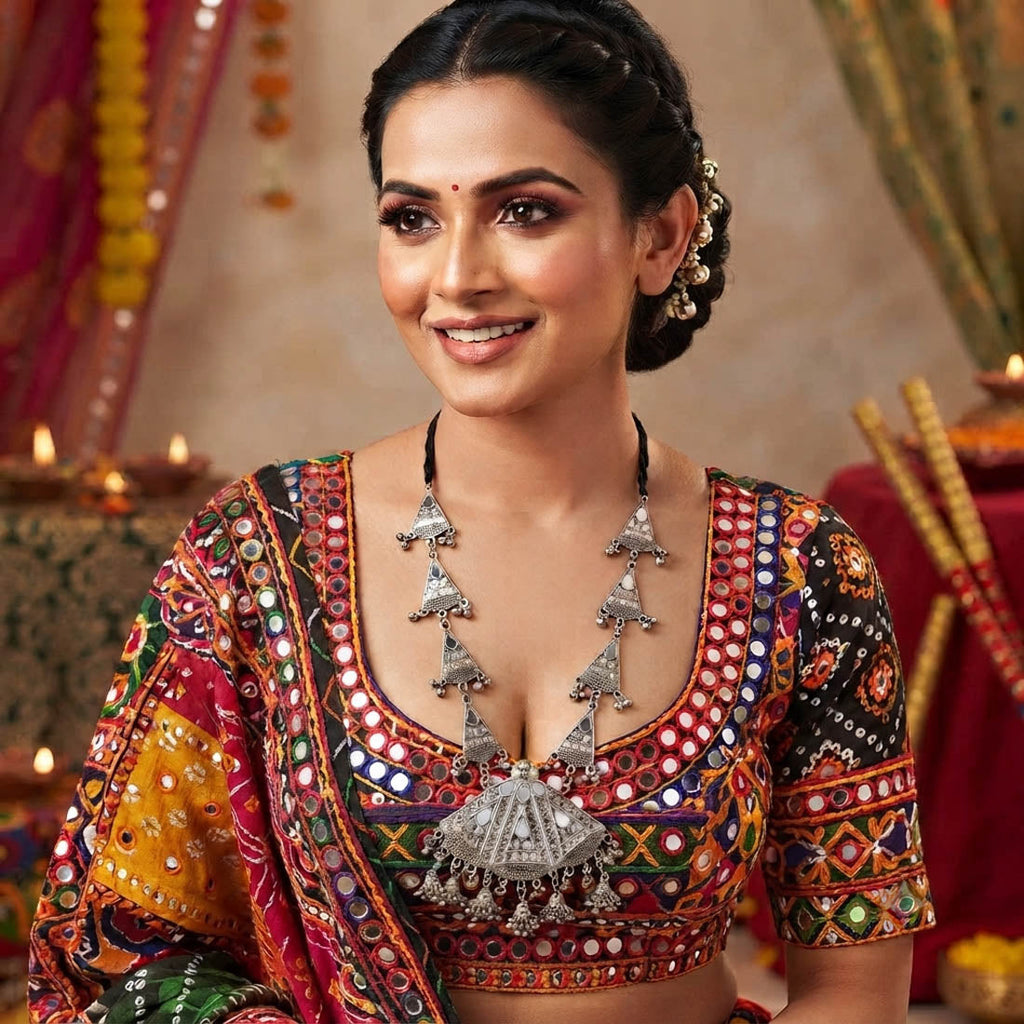 Sparkling Silver Color Mirror Work Oxidised Necklace Set with Earrings