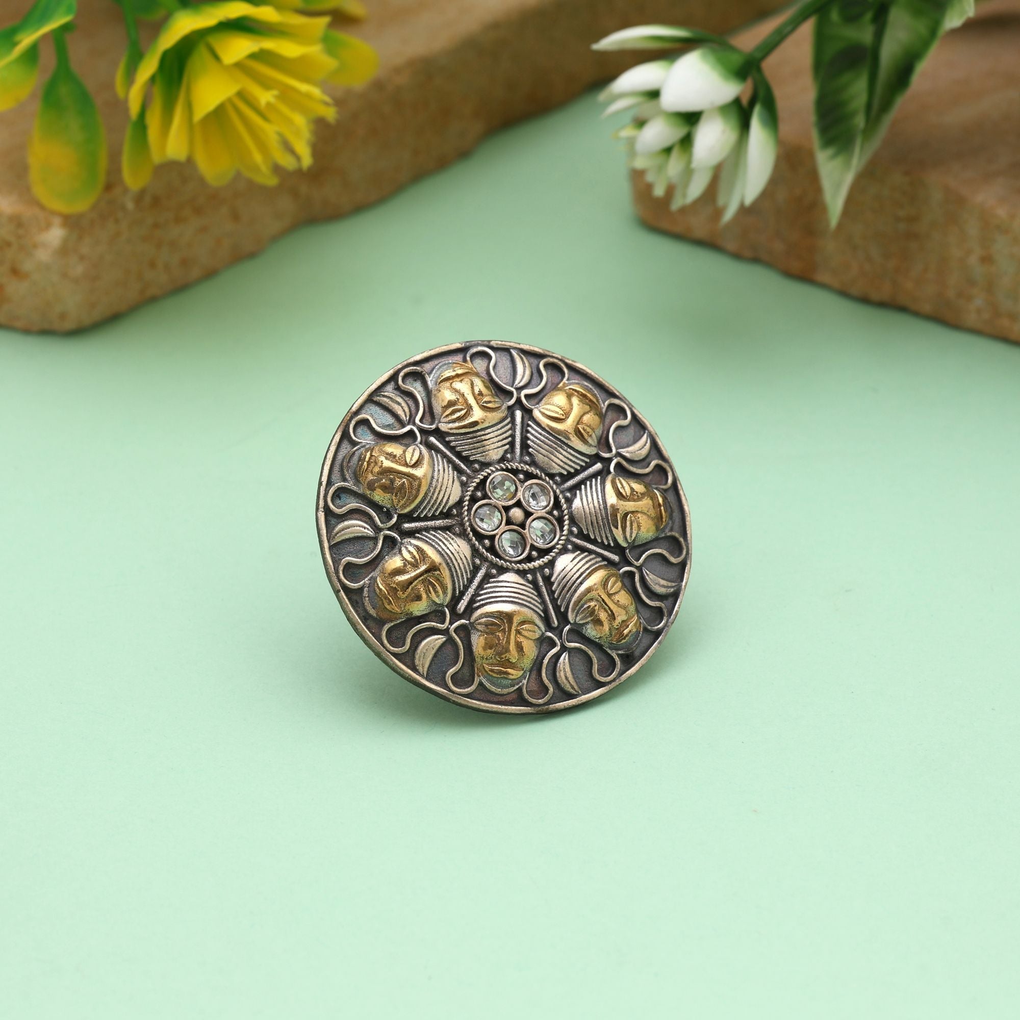 Gold & Silver Color Dual Tone Oxidised Rings Featuring Elegant Metallic Contrast With Artistic Detailing