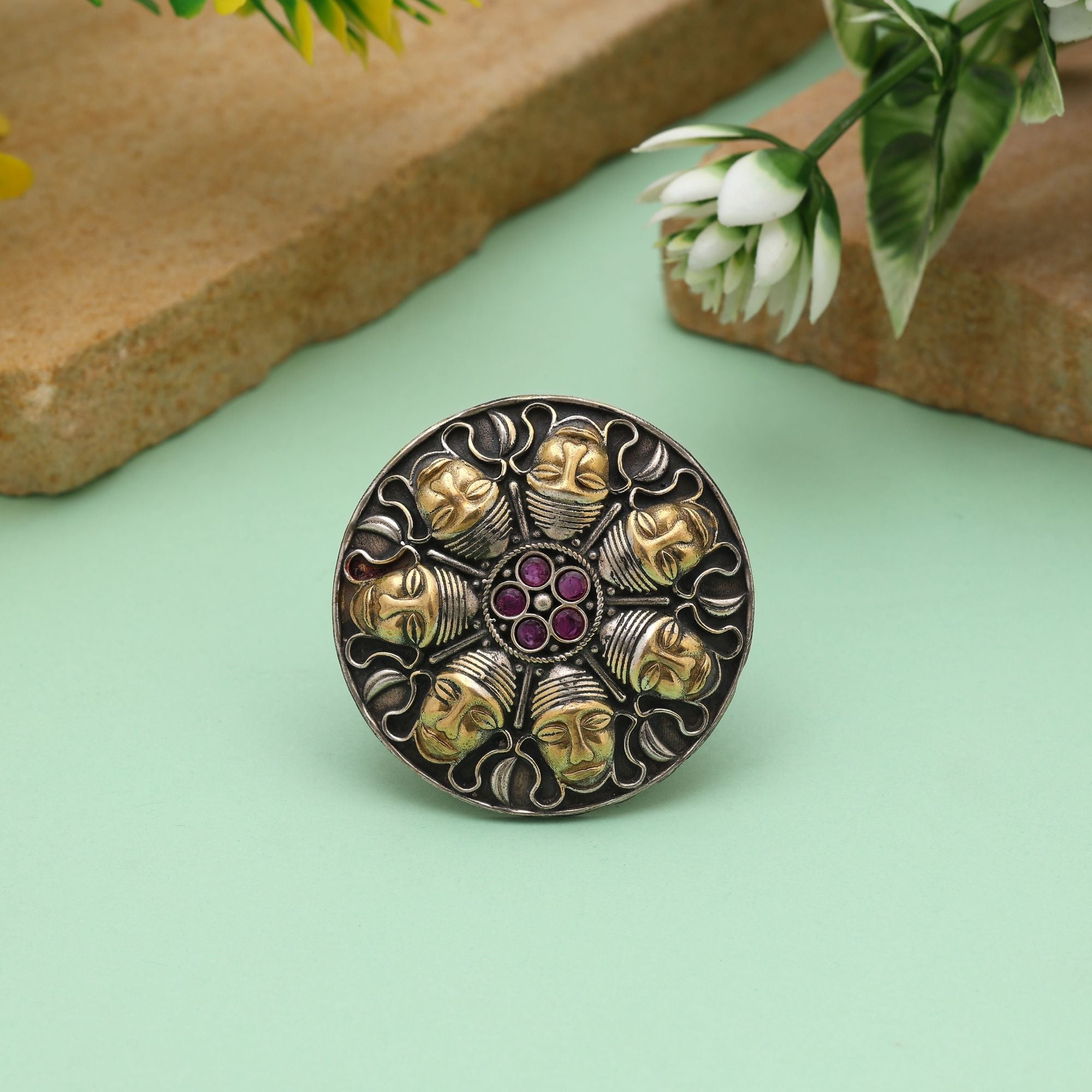 Rani Color Dual Tone Oxidised Rings Crafted With Bold Vibrant Shades And Traditional Oxidised Patterns