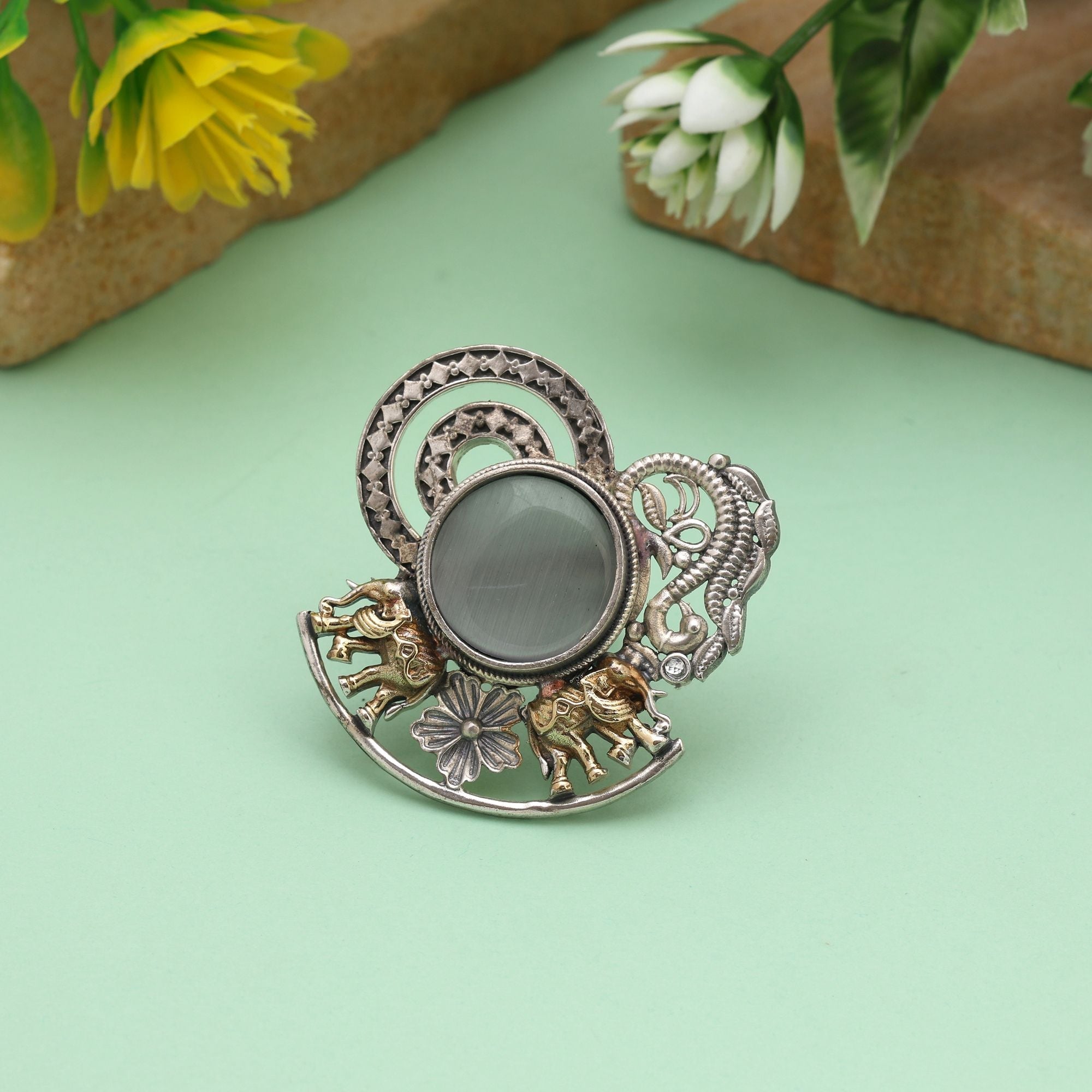 Grey Color Dual Tone Oxidised Rings Designed With Soft Neutral Tones And Intricate Handcrafted Oxidised Styling