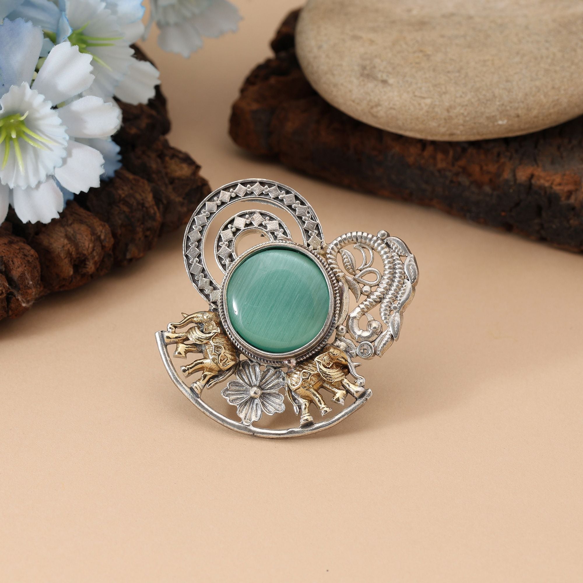 Pista Green Color Dual Tone Oxidised Rings Crafted With Refreshing Hues And Classic Oxidised Accents