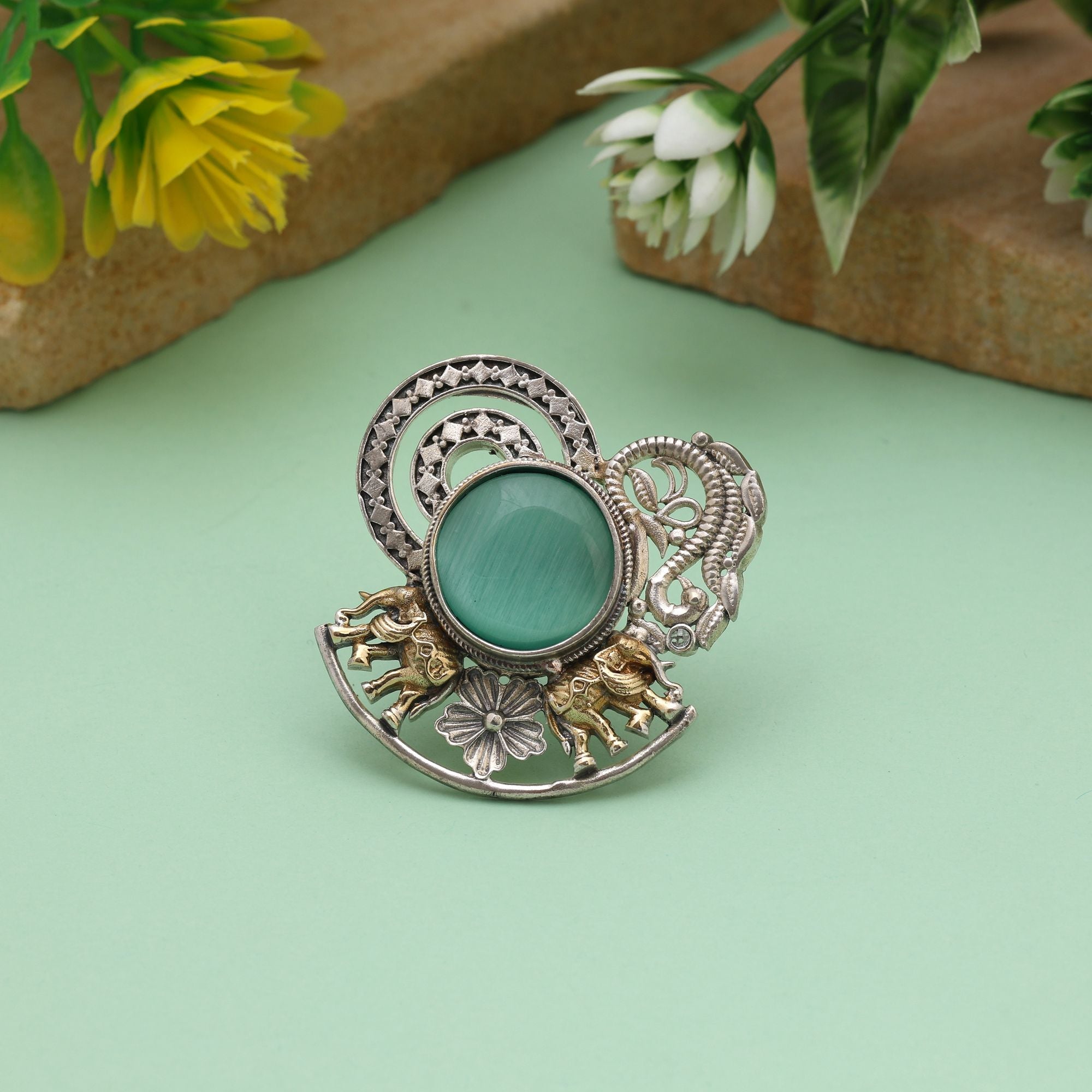 Pista Green Color Dual Tone Oxidised Rings Crafted With Refreshing Hues And Classic Oxidised Accents