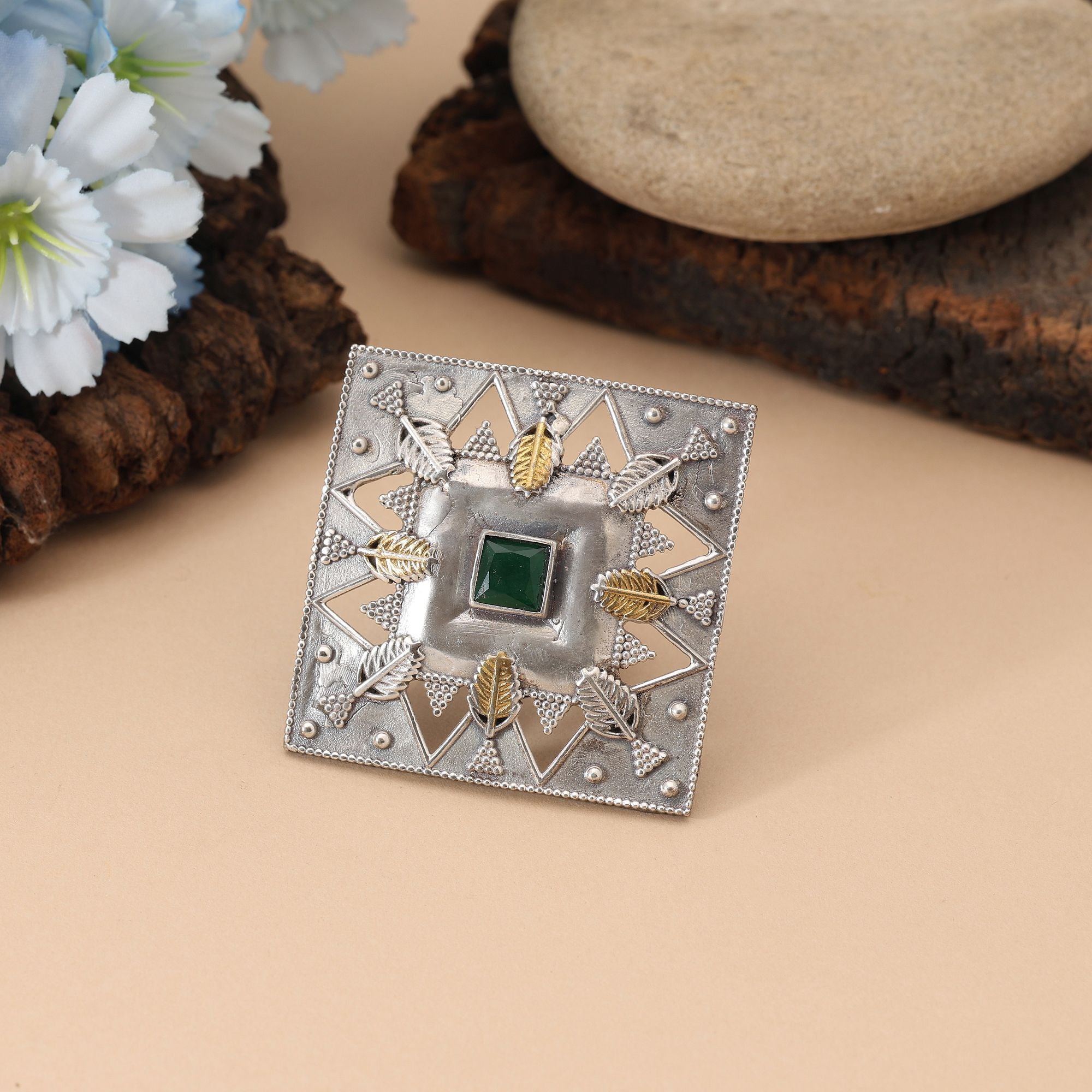 Green Color Dual Tone Oxidised Rings Showcasing Nature-Inspired Hues With Elegantly Carved Oxidised Design