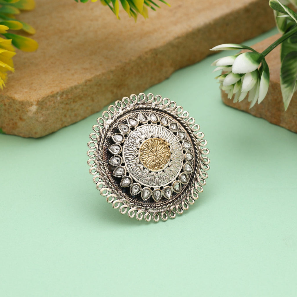 Gold & Silver Color Dual Tone Oxidised Rings Showcasing Balanced Contrasting Tones With Decorative Oxidised Elements