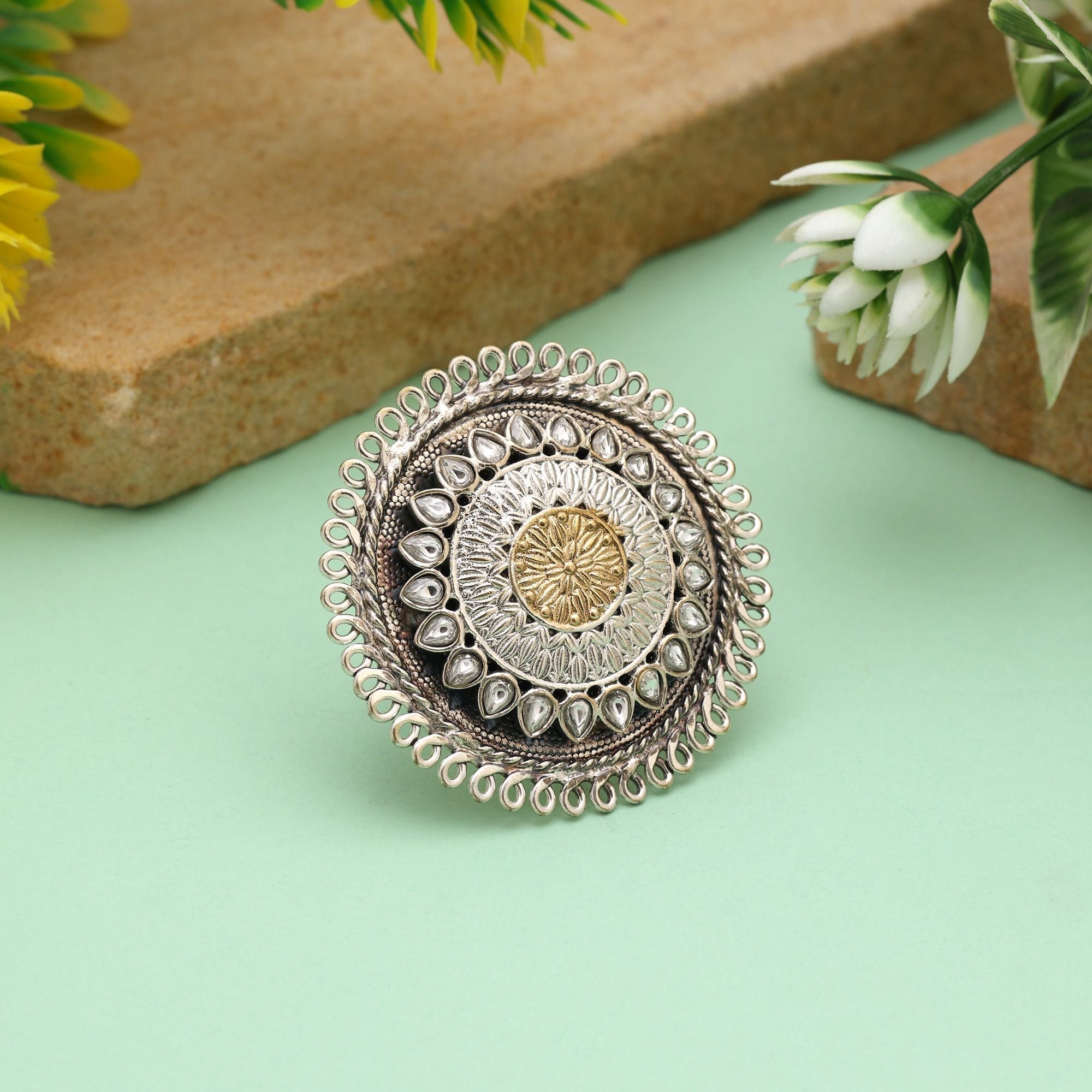 Gold & Silver Color Dual Tone Oxidised Rings Showcasing Balanced Contrasting Tones With Decorative Oxidised Elements