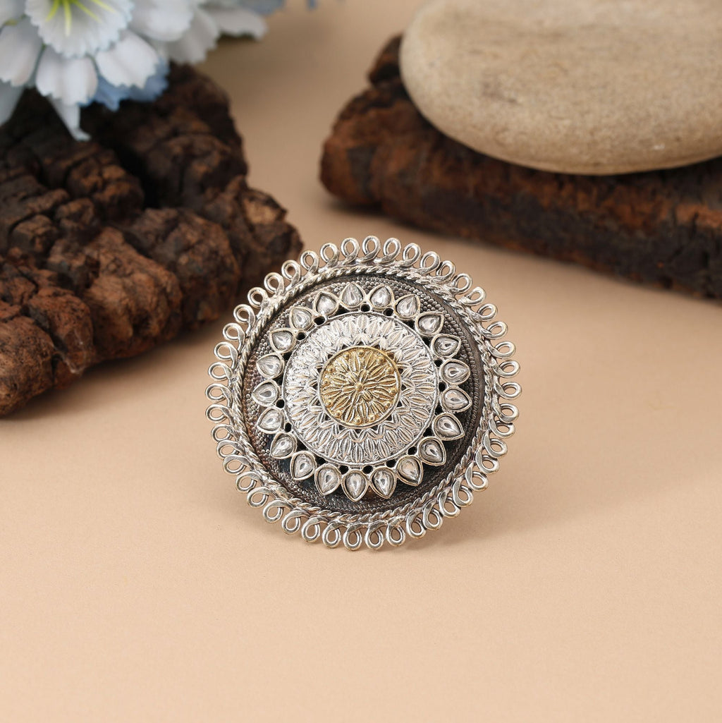 Gold & Silver Color Dual Tone Oxidised Rings Showcasing Balanced Contrasting Tones With Decorative Oxidised Elements