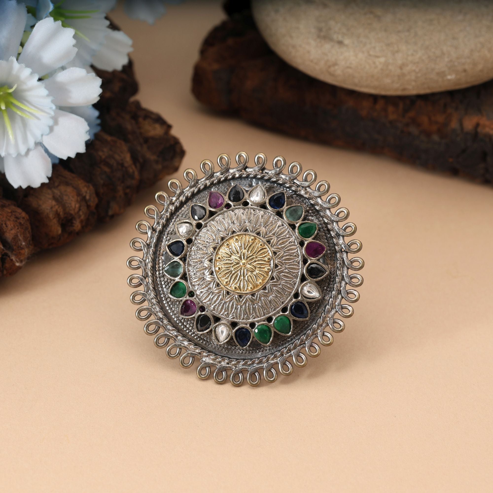 Multi Color Dual Tone Oxidised Rings Designed For Vibrant Styling With Elaborate Oxidised Artistic Patterns