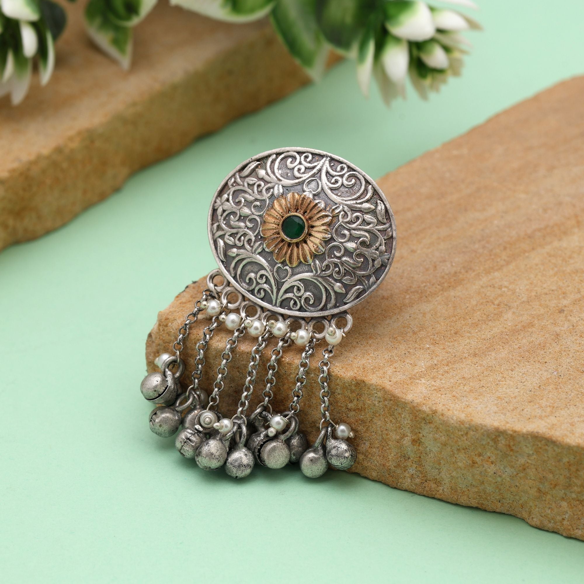 Green Color Dual Tone Oxidised Rings Featuring Fresh Vibrant Tones With Beautiful Oxidised Metal Artistry