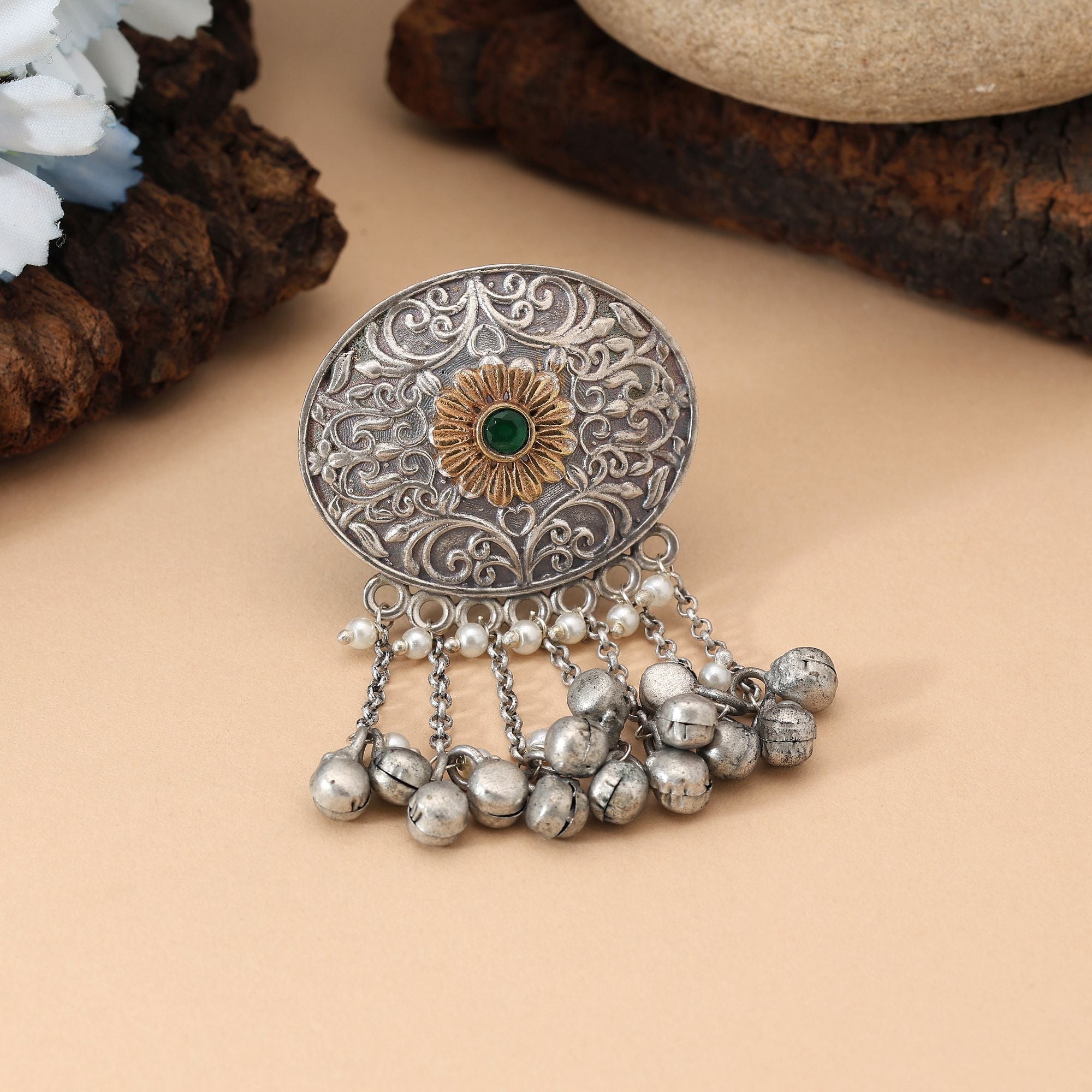 Green Color Dual Tone Oxidised Rings Featuring Fresh Vibrant Tones With Beautiful Oxidised Metal Artistry