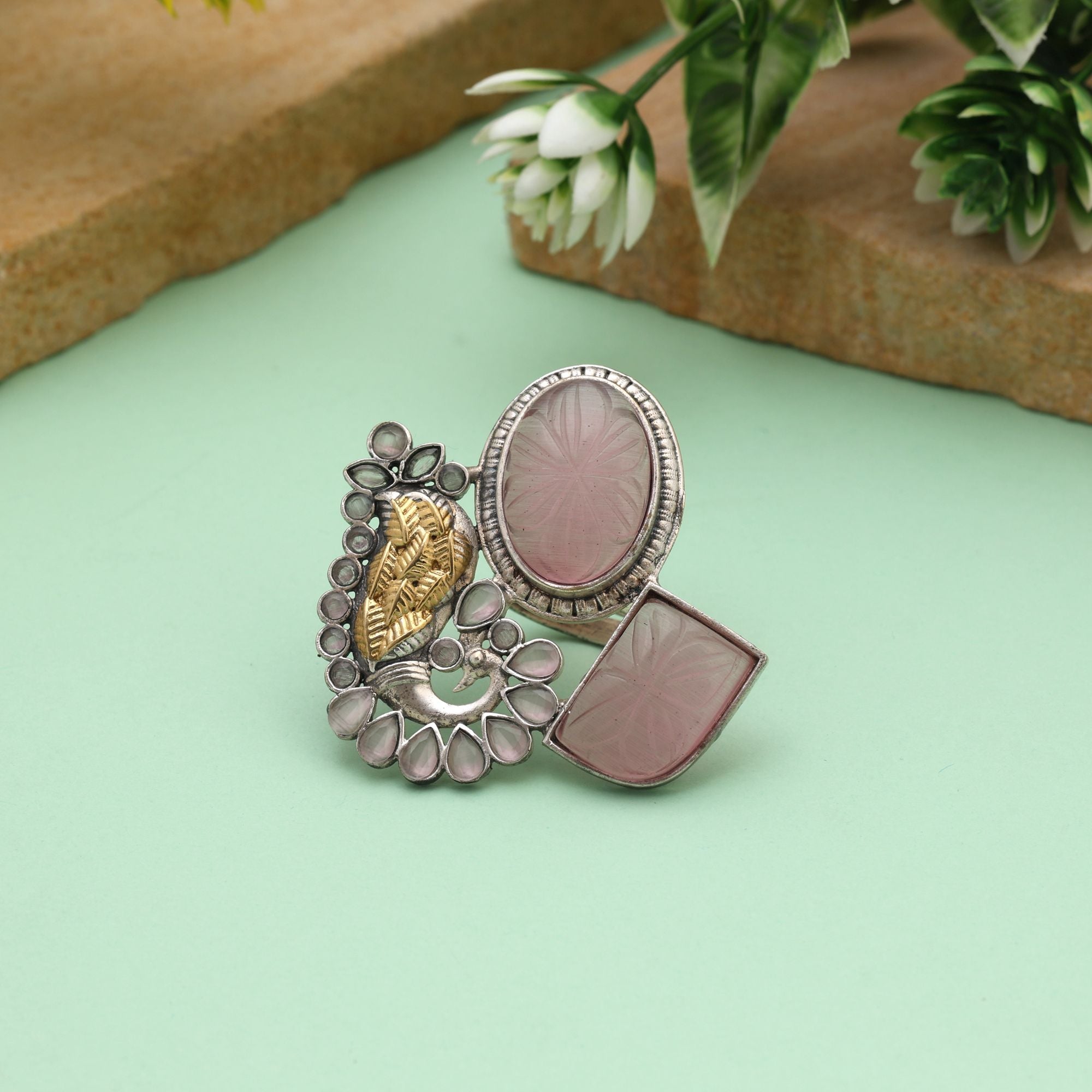 Light Pink Color Dual Tone Oxidised Rings Combining Delicate Feminine Tones With Traditional Oxidised Detailing