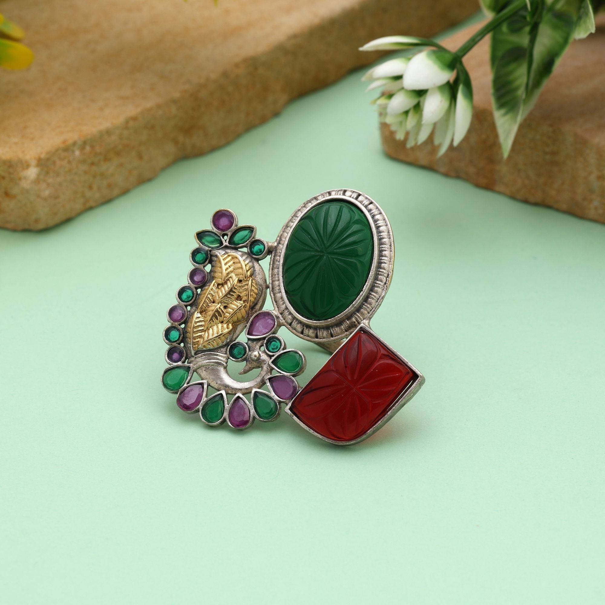 Maroon & Green Color Dual Tone Oxidised Rings Blending Festive Tones With Beautifully Crafted Oxidised Patterns