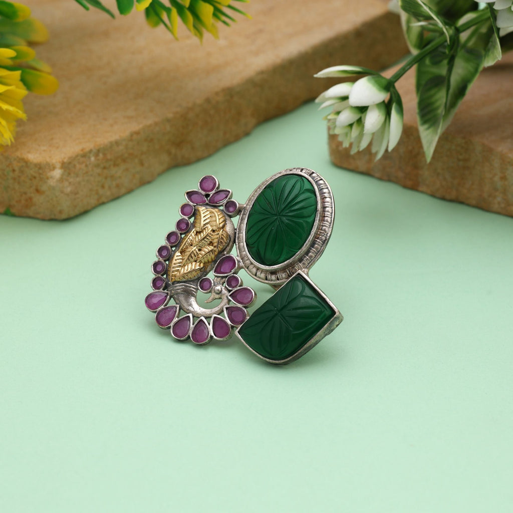 Rani & Green Color Dual Tone Oxidised Rings Crafted With Vibrant Contrasting Hues And Ornate Oxidised Metalwork