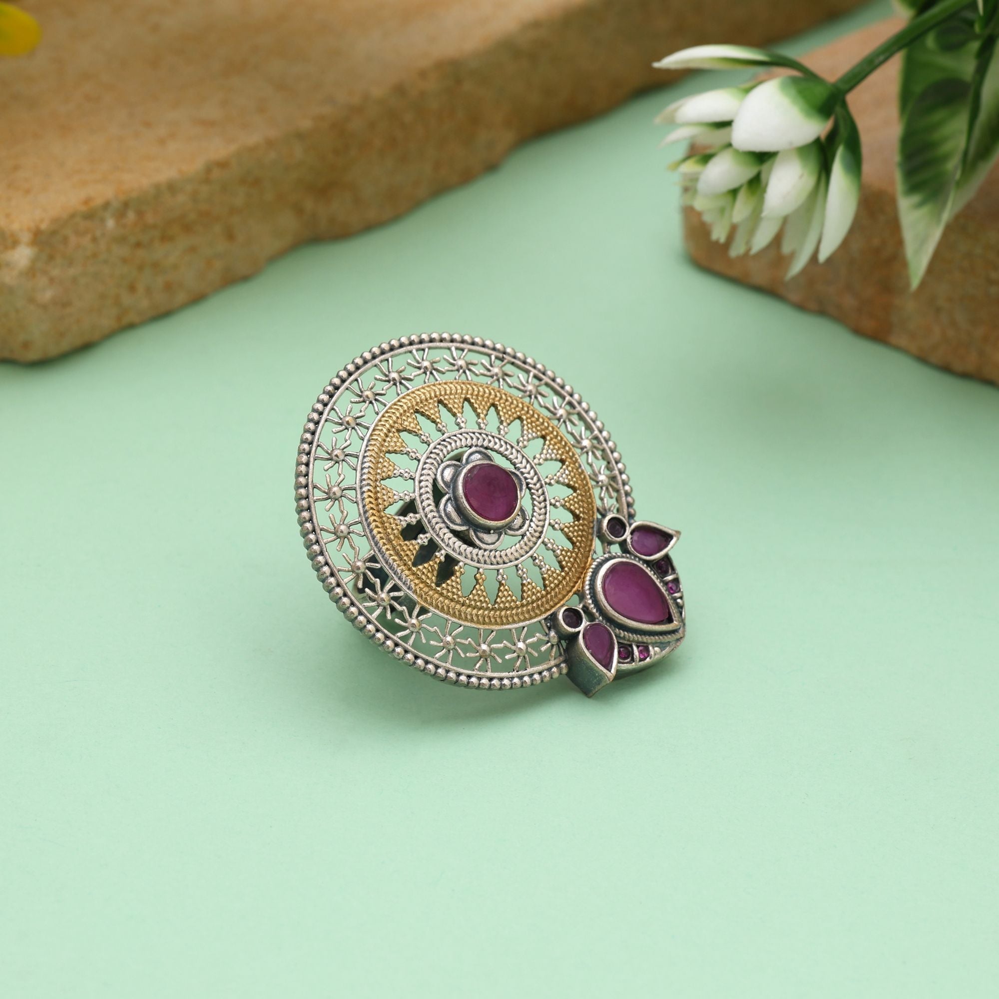 Rani Color Dual Tone Oxidised Rings Designed With Bold Regal Hues And Intricate Oxidised Craftsmanship