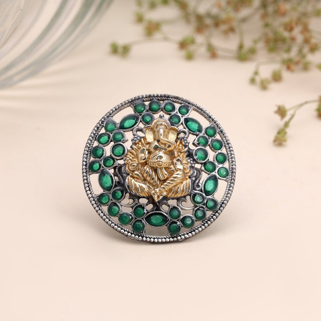 Green Color Dual Tone Oxidised Rings Traditional Style
