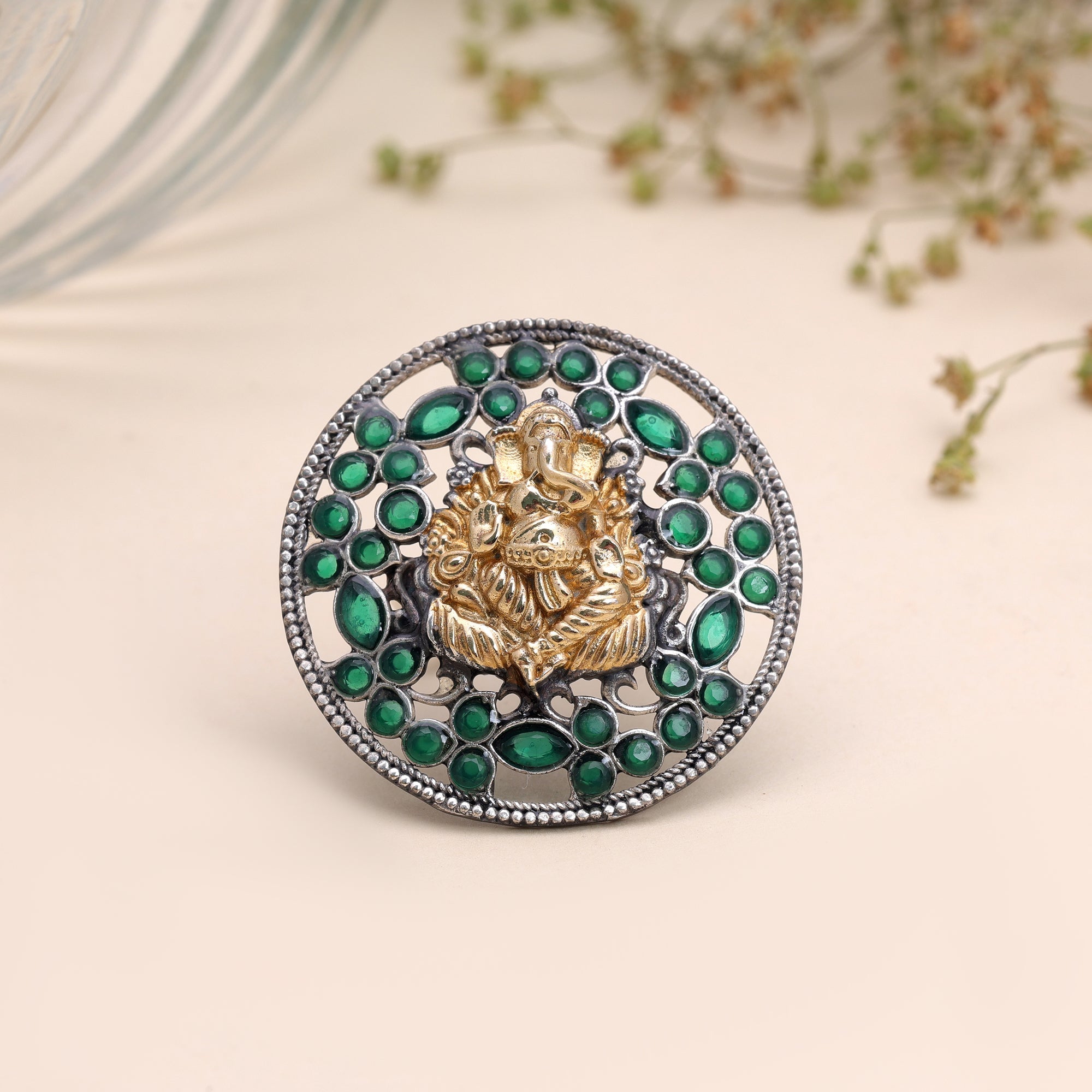 Green Color Dual Tone Oxidised Rings Traditional Style