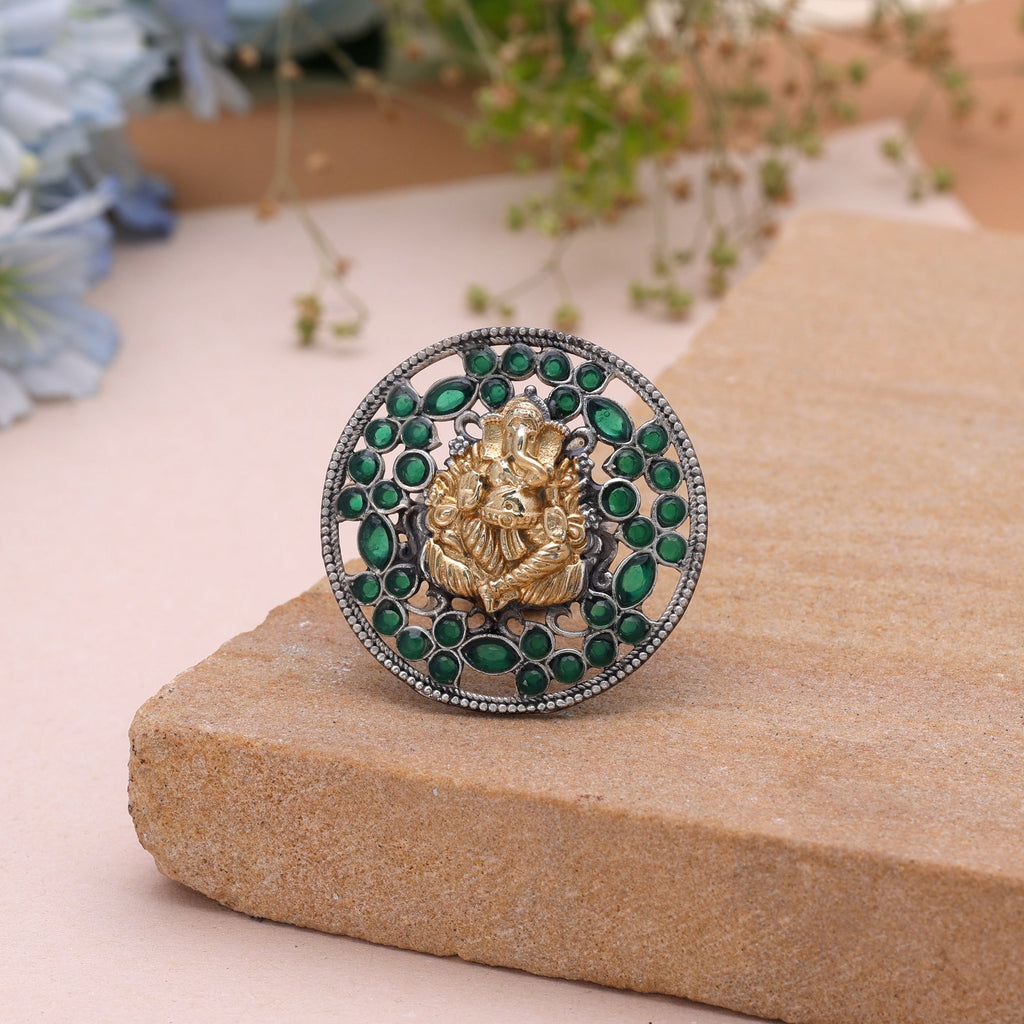 Green Color Dual Tone Oxidised Rings Traditional Style