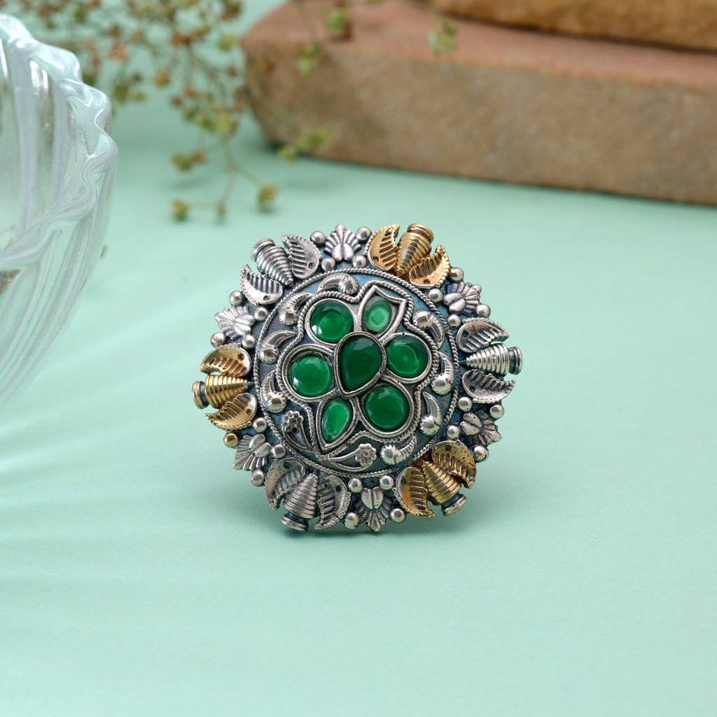 Green Color Dual Tone Oxidised Rings Traditional Design