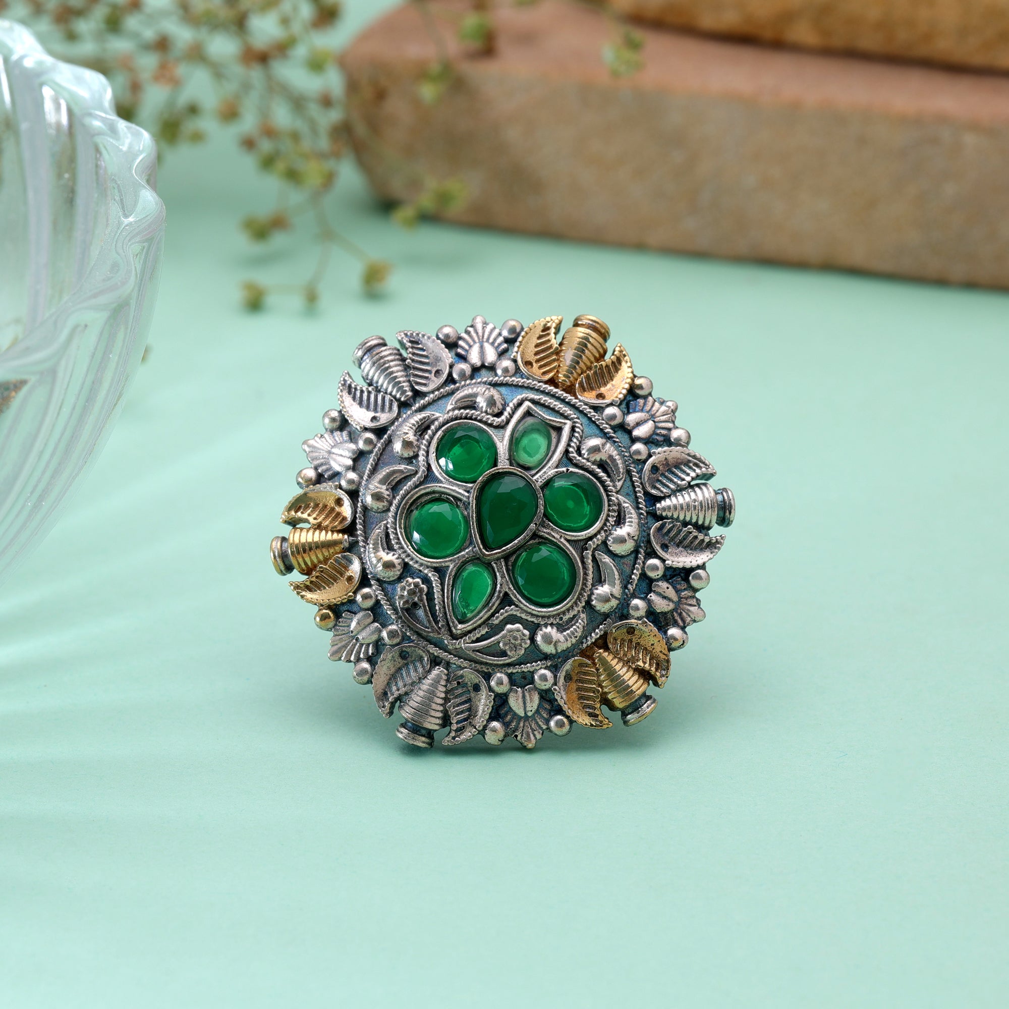 Green Color Dual Tone Oxidised Rings Traditional Design