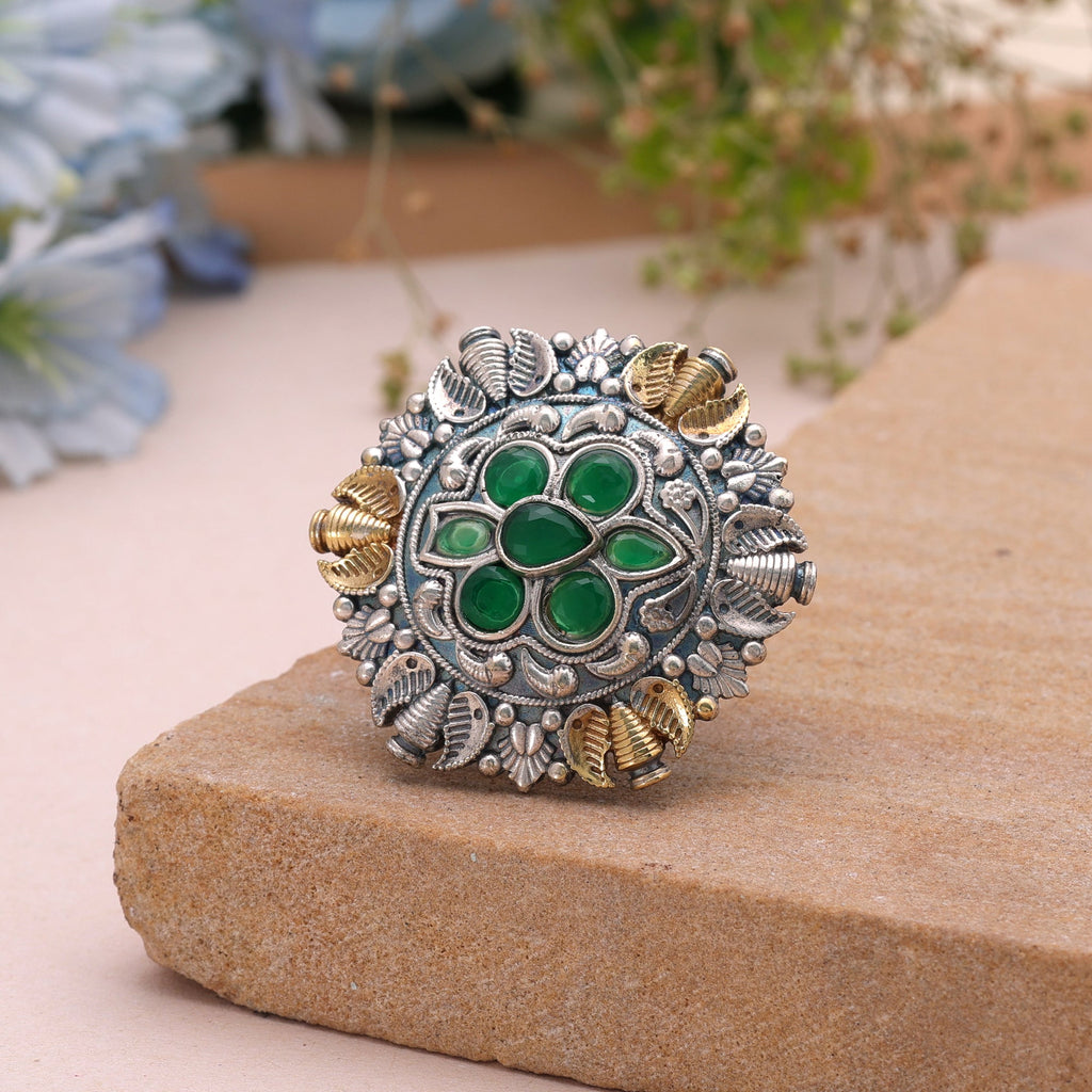 Green Color Dual Tone Oxidised Rings Traditional Design