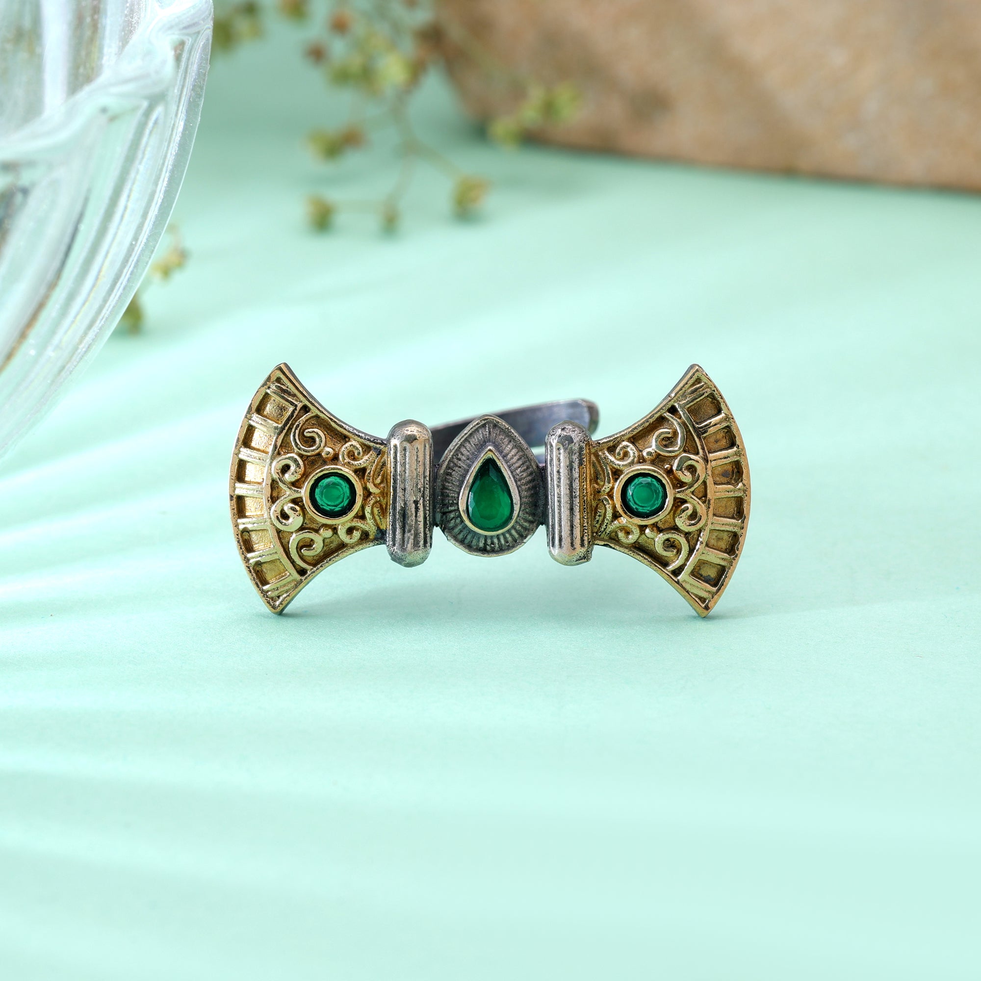 Green Color Dual Tone Oxidised Rings Fashion Style