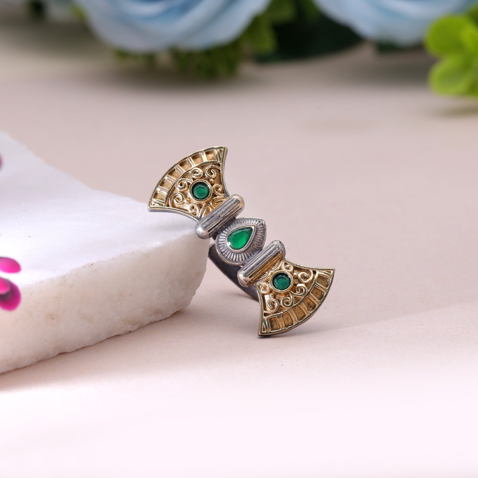 Green Color Dual Tone Oxidised Rings Fashion Style