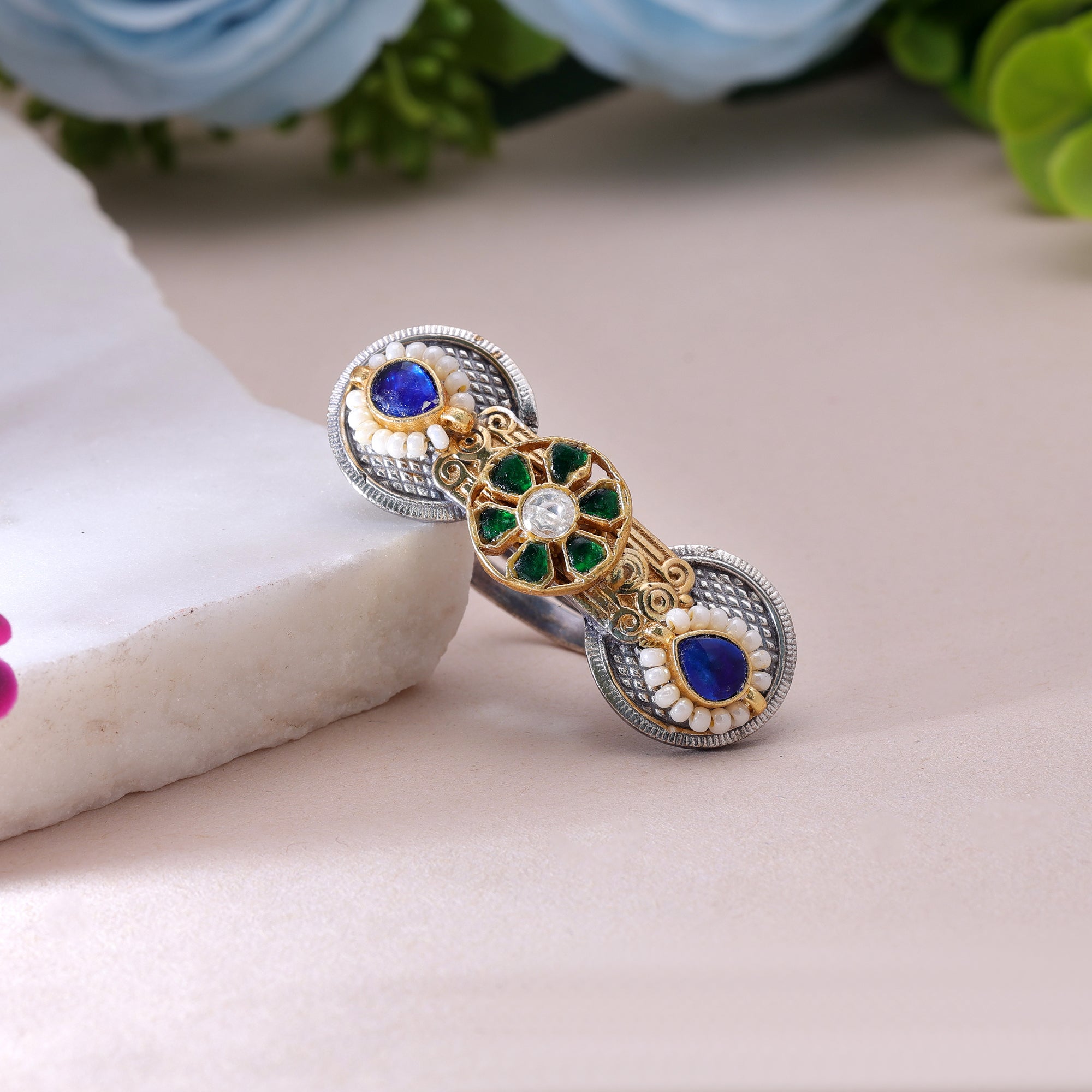 Green & Blue Color Dual Tone Oxidised Rings Jewelry Design