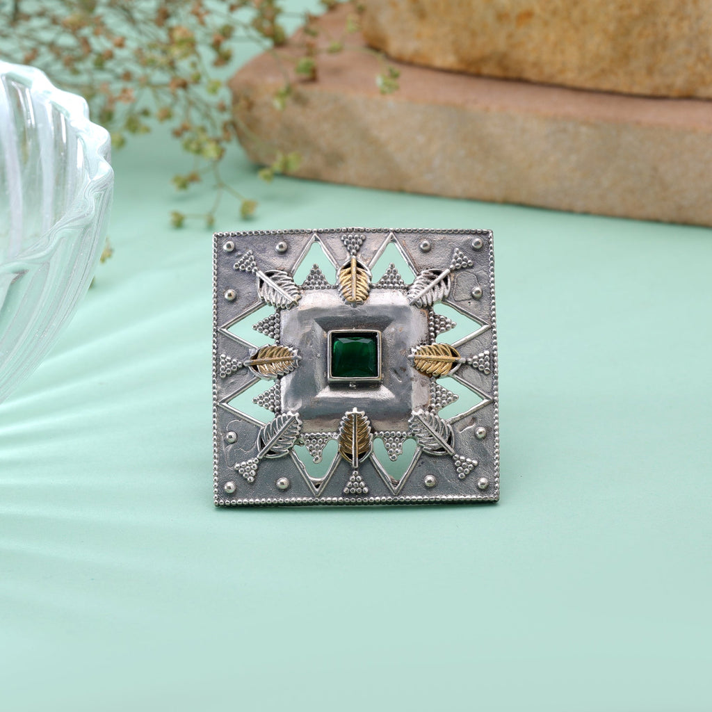 Green Color Dual Tone Oxidised Rings Ethnic Style