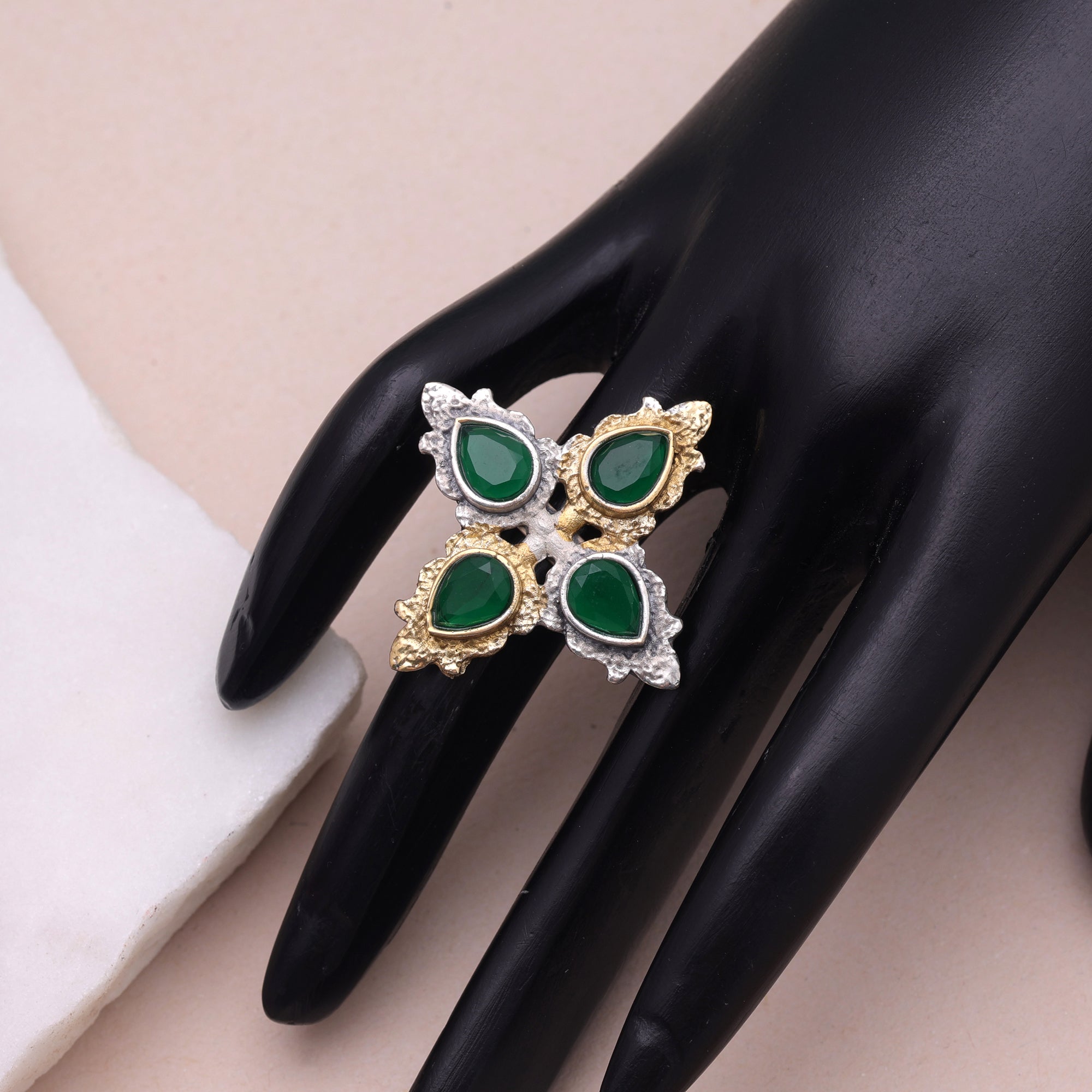 Green Color Dual Tone Oxidised Rings Festive Fashion Style