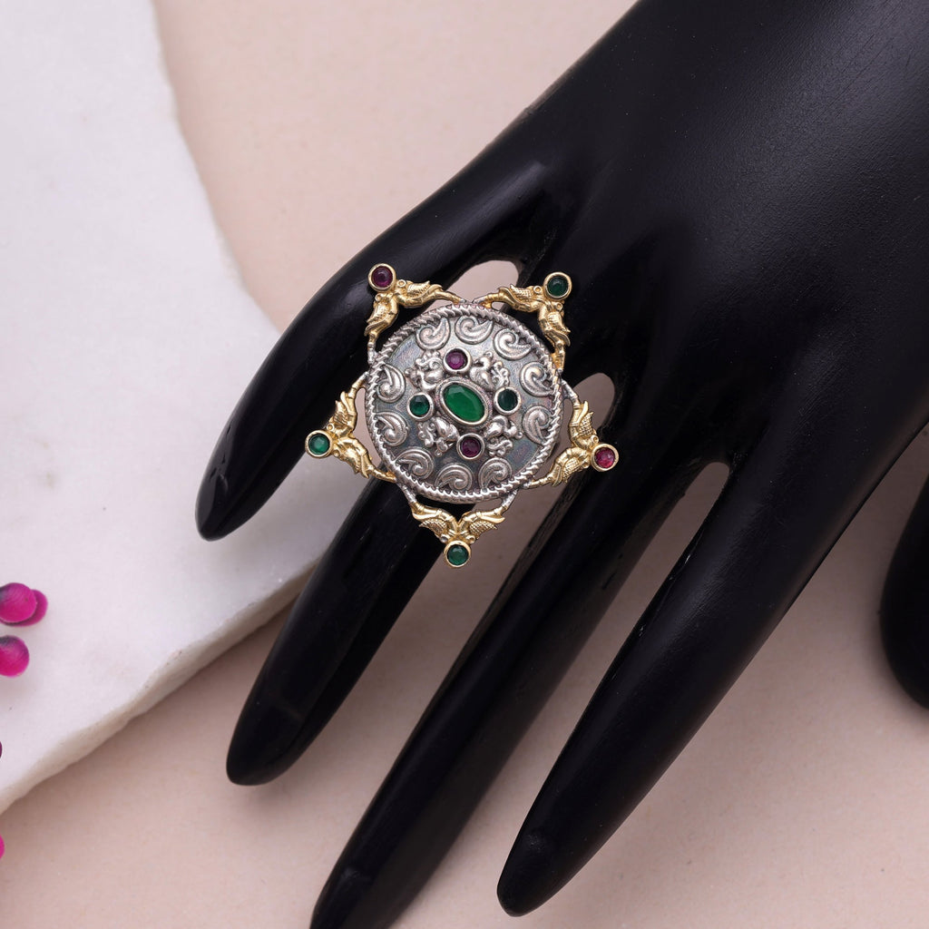 Green Color Dual Tone Oxidised Rings Traditional Appeal