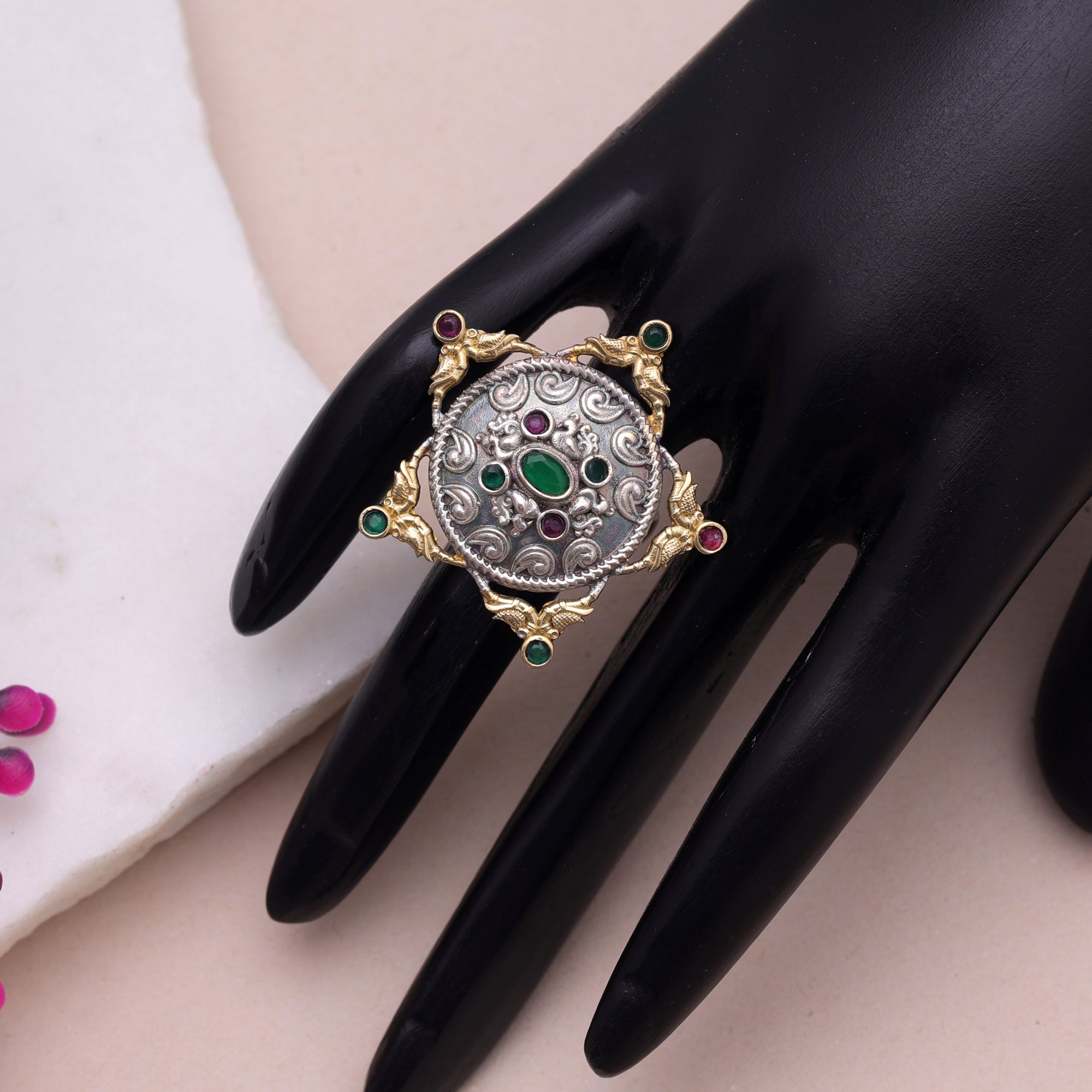 Green Color Dual Tone Oxidised Rings Traditional Appeal