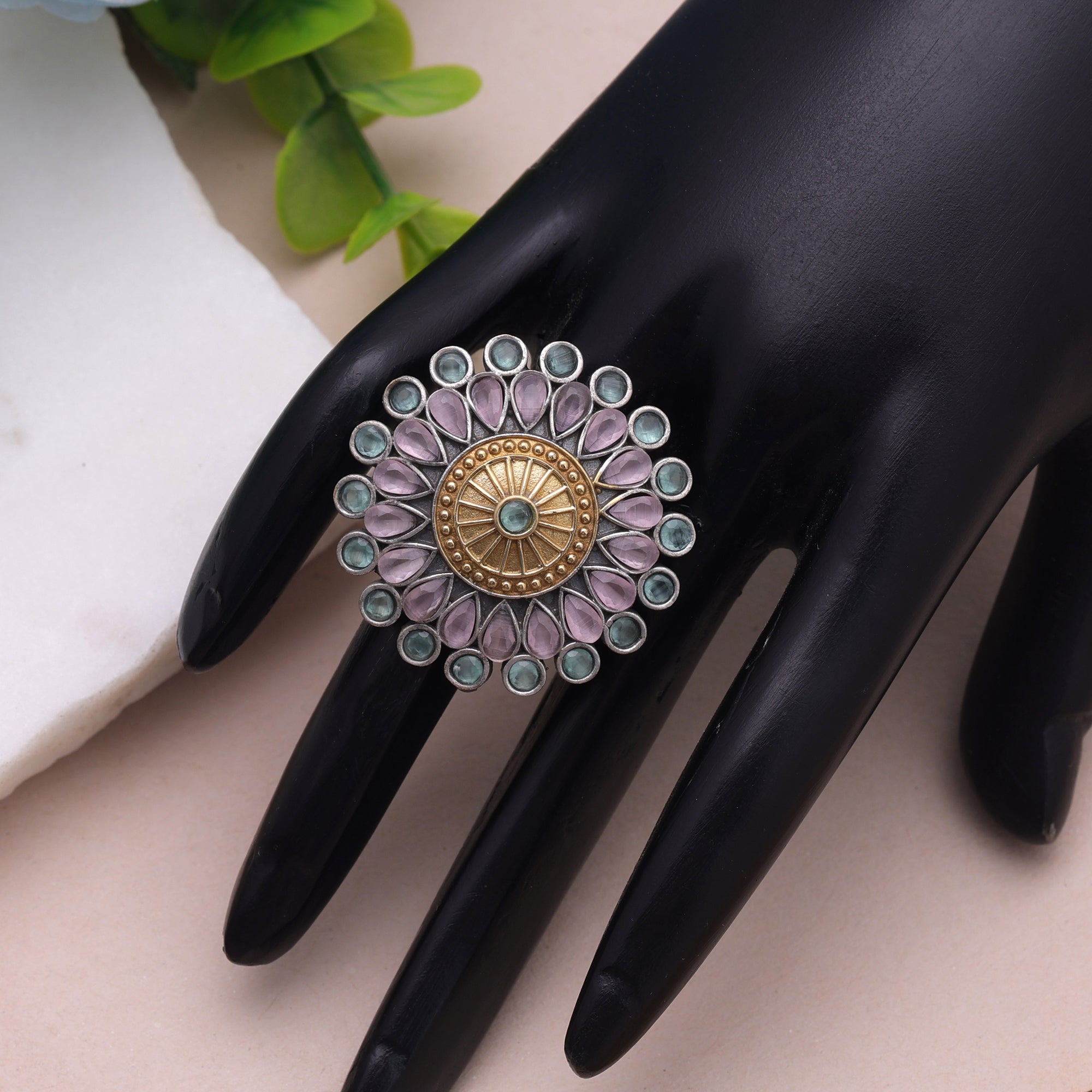 Light Pink Color Dual Tone Oxidised Rings Handmade Fashion Style